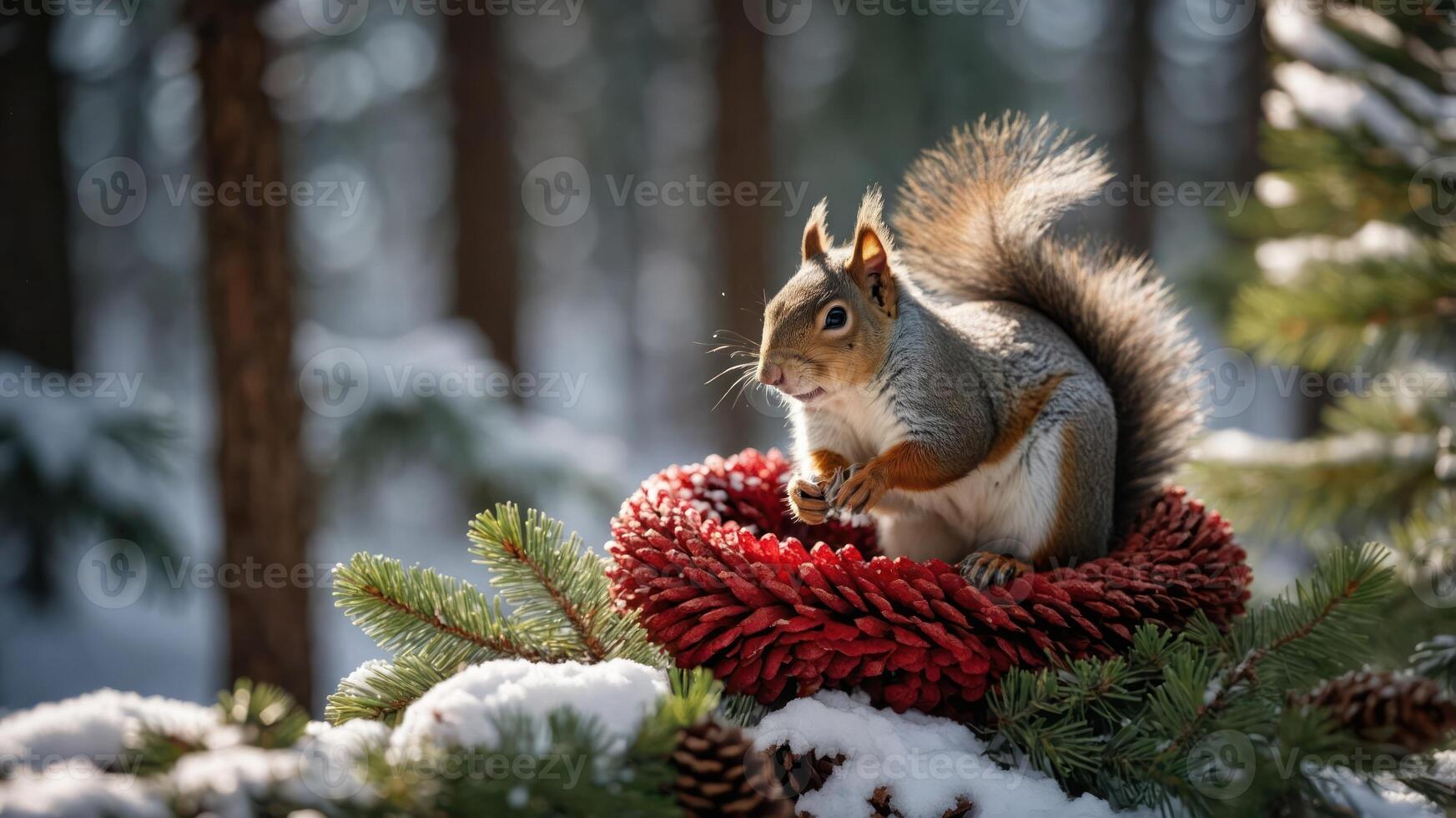 A squirrel perched on a red wreath surrounded by snow-covered pine trees. photo