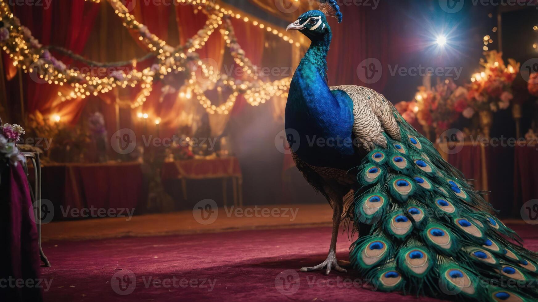 A vibrant peacock stands in a decorated venue, showcasing its colorful plumage. photo