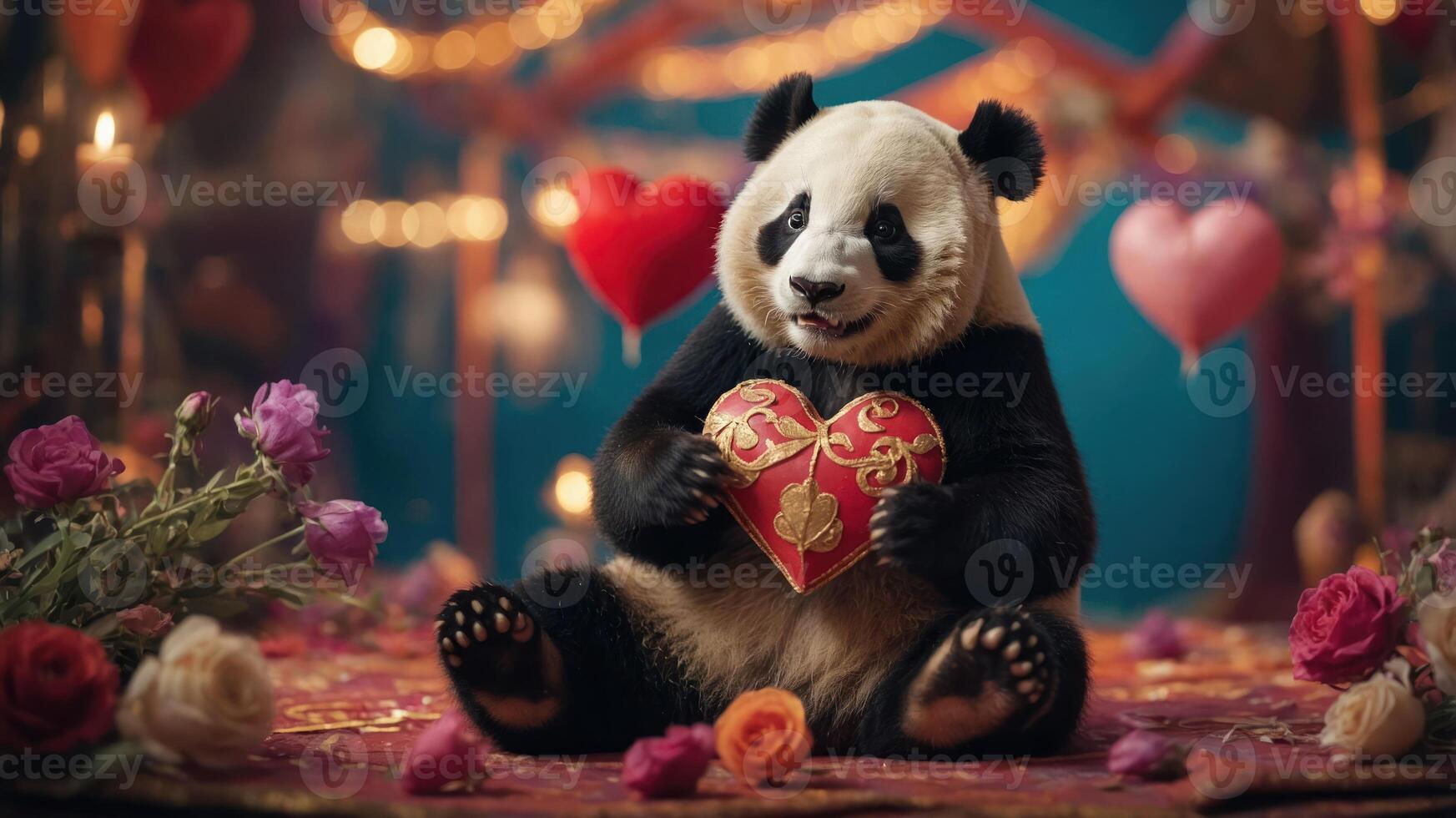 A cute panda holding a heart-shaped box surrounded by flowers and decorations. photo