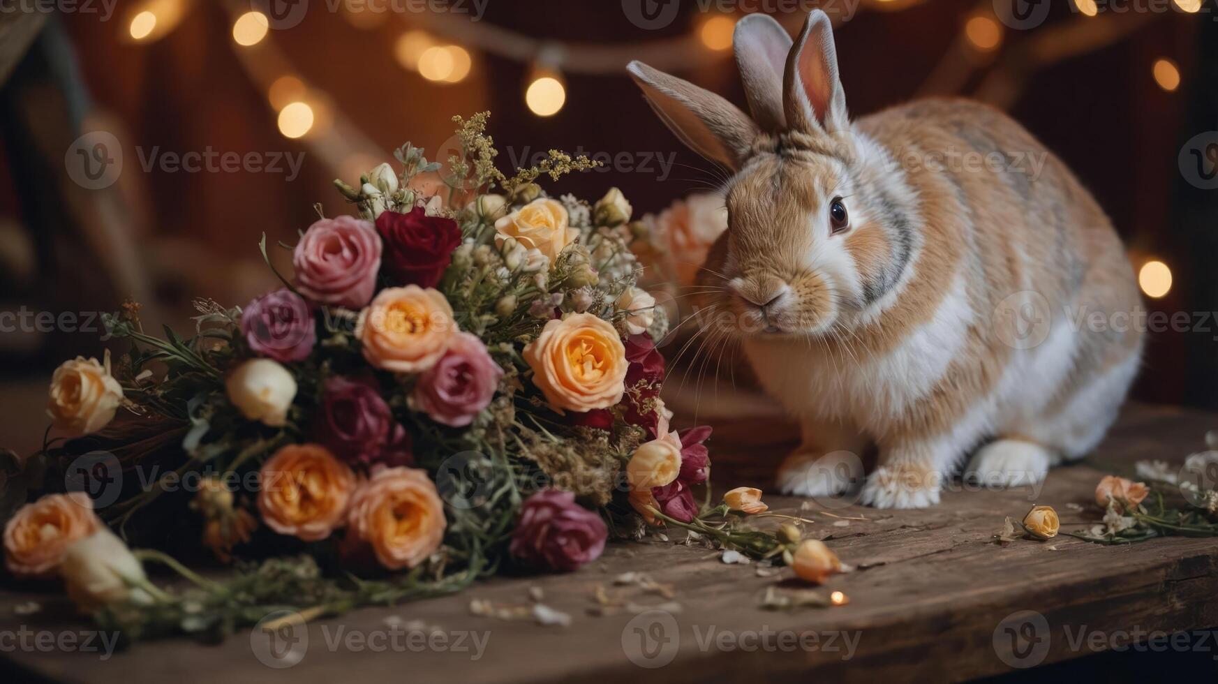 A rabbit beside a vibrant bouquet of flowers on a rustic wooden table. photo