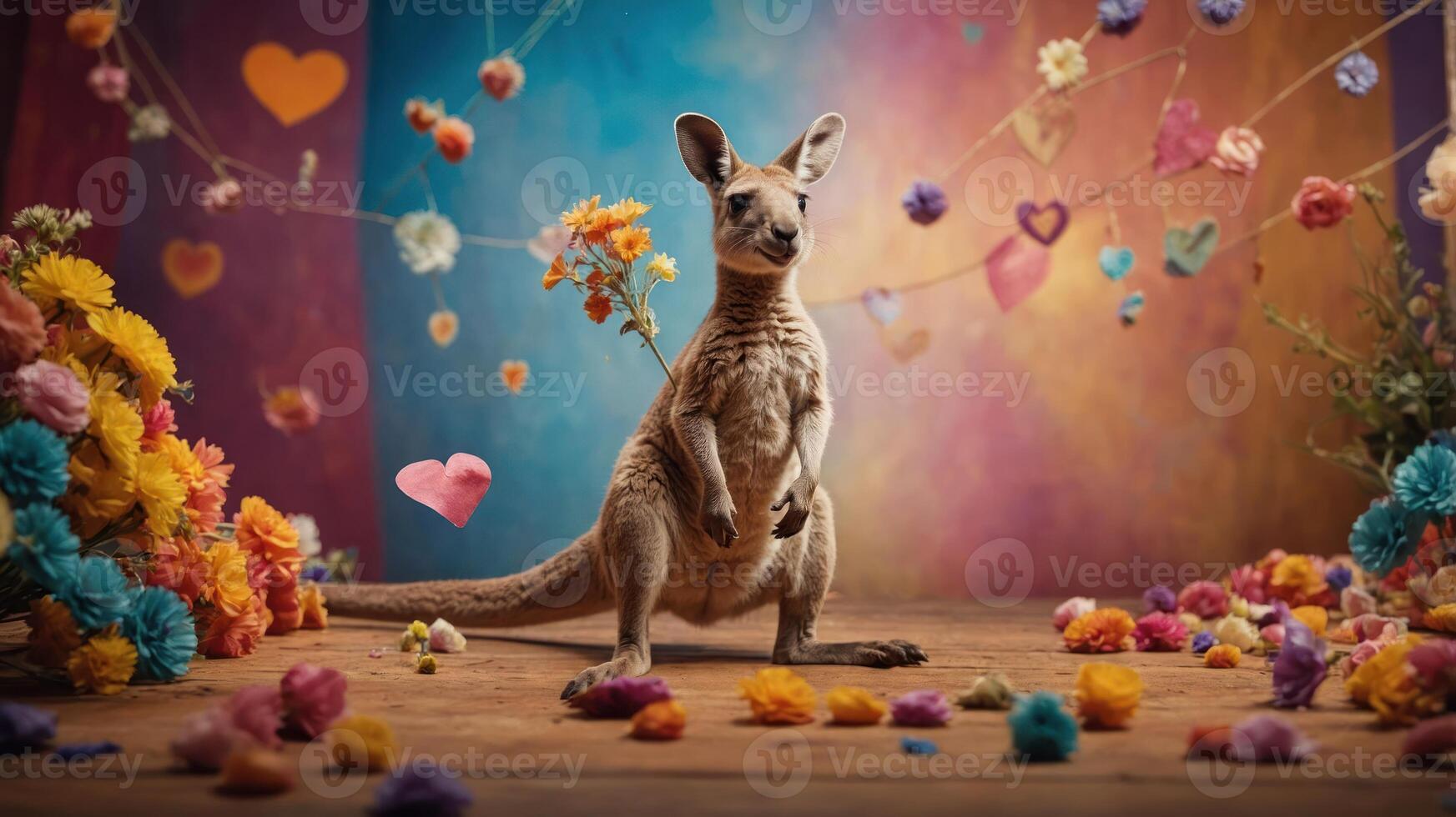 A kangaroo surrounded by colorful flowers and decorations, creating a whimsical atmosphere. photo