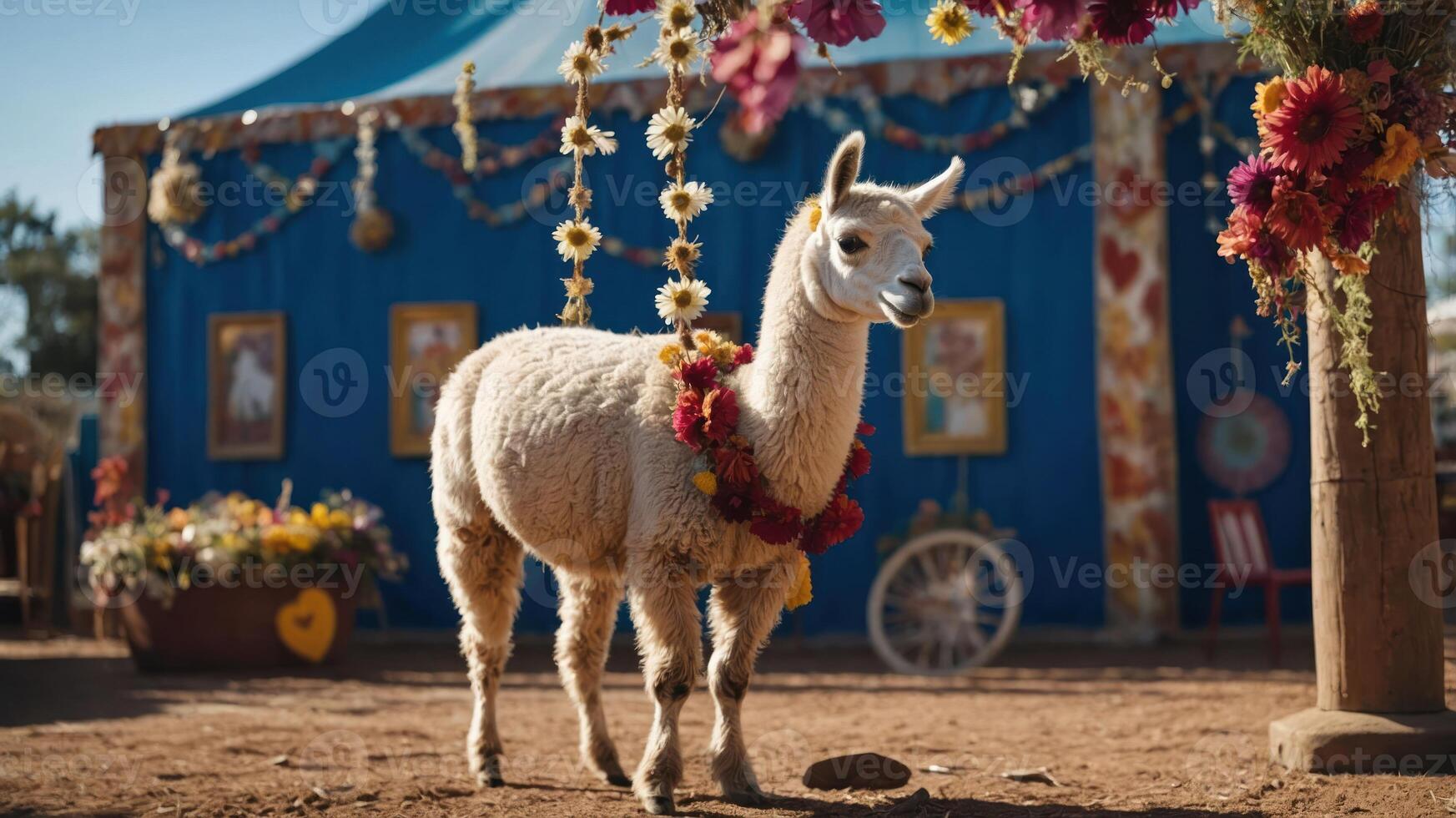 A decorated llama stands in a festive setting with flowers and colorful decorations. photo