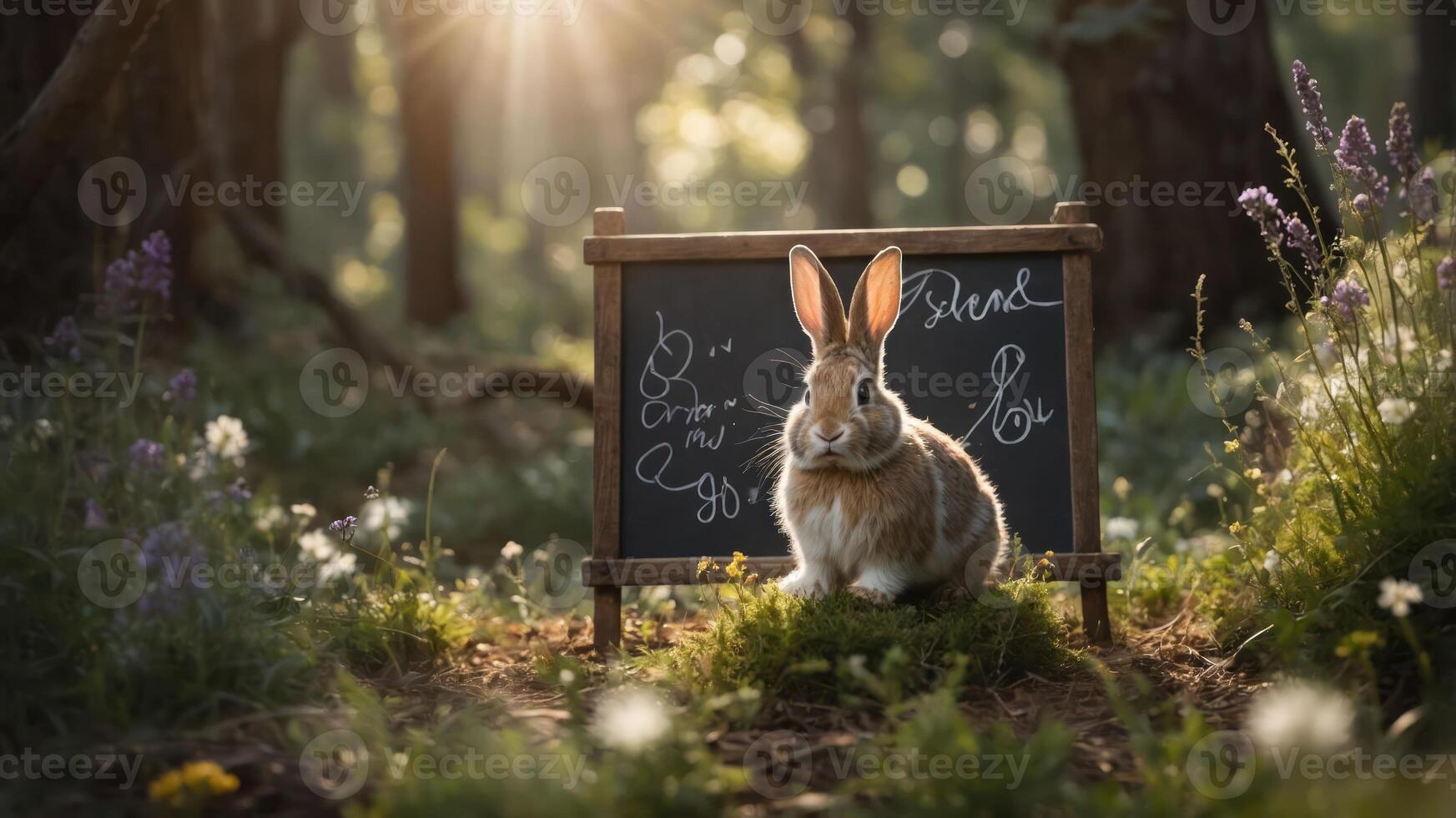 A rabbit sits in a sunlit forest next to a chalkboard with handwritten text. photo