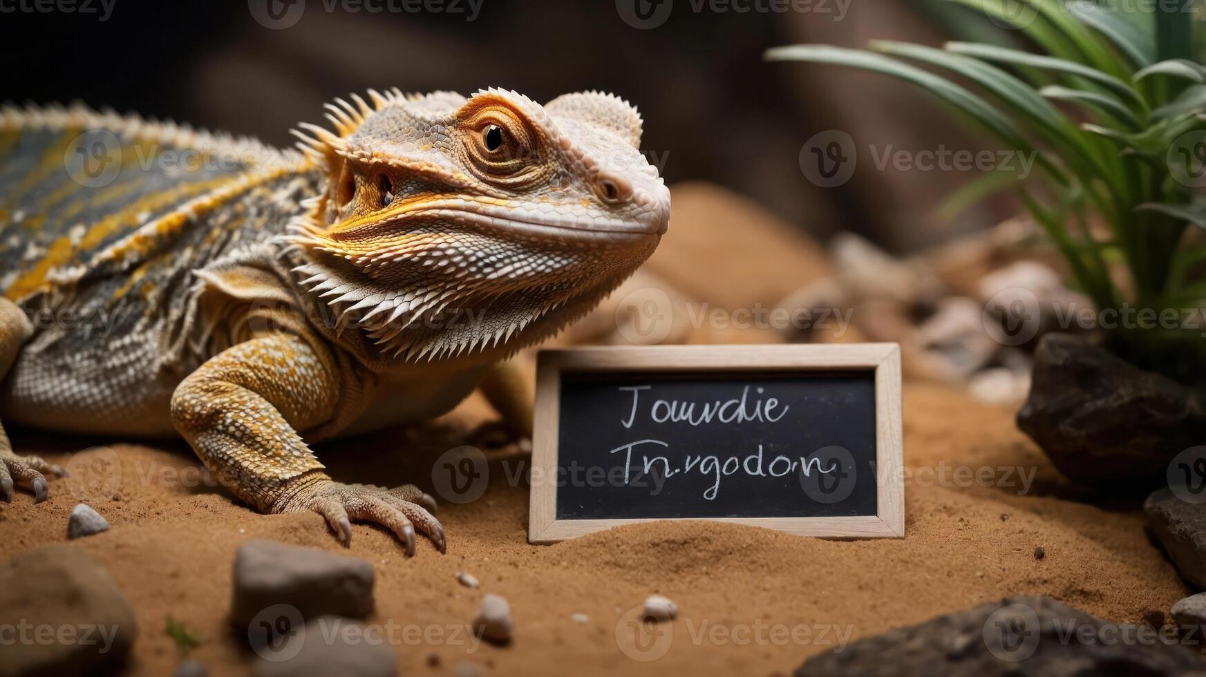 A bearded dragon poses next to a small chalkboard sign in a natural habitat setting. photo
