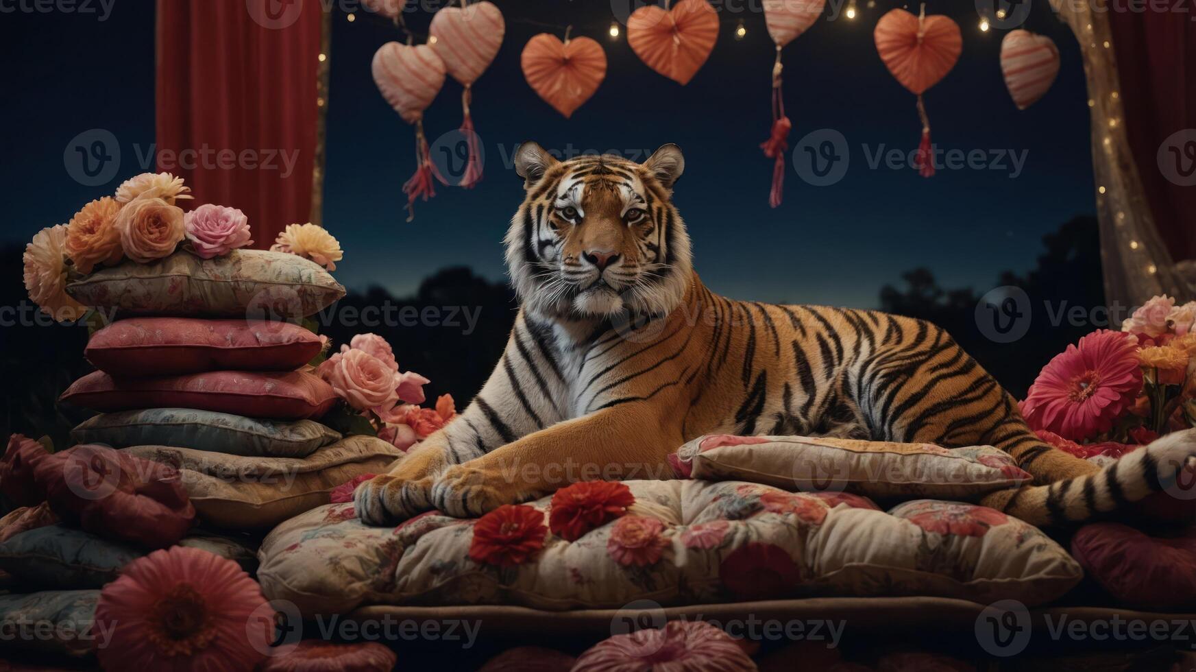 A tiger lounges on decorative pillows adorned with flowers and hearts, creating a whimsical scene. photo