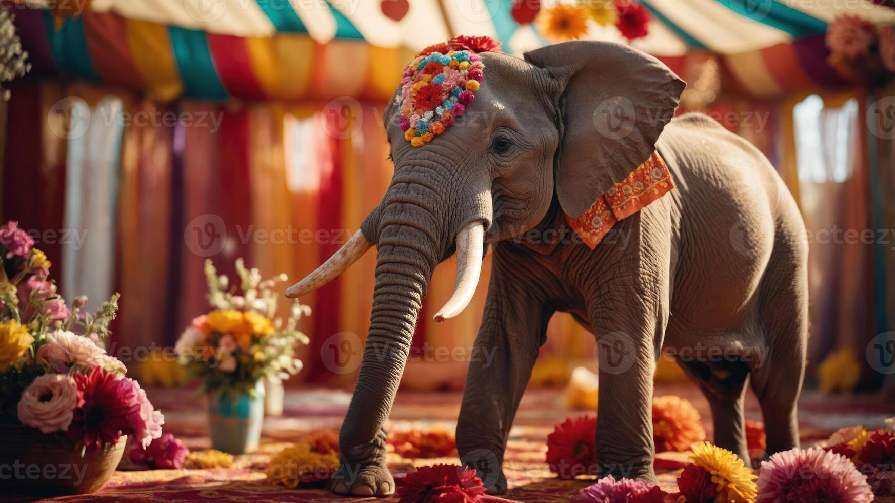 A decorated elephant in a vibrant setting with flowers, suggesting a festive celebration. photo
