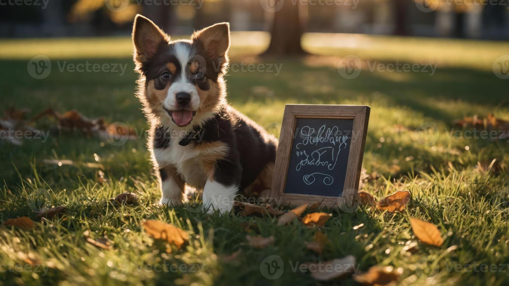 A playful puppy sits on grass next to a small chalkboard sign. photo