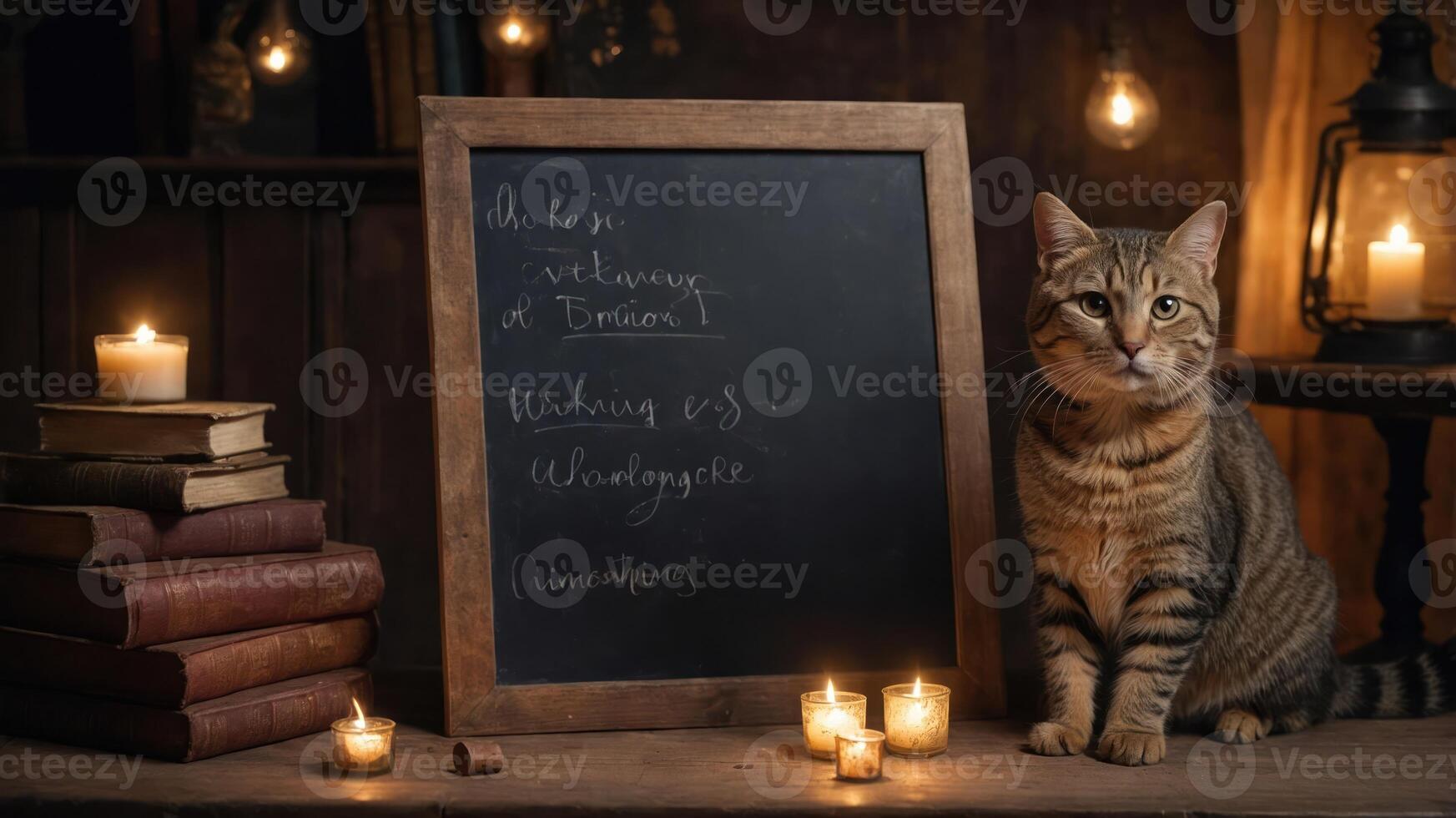 A cozy scene featuring a cat beside a chalkboard and candles, creating a warm atmosphere. photo