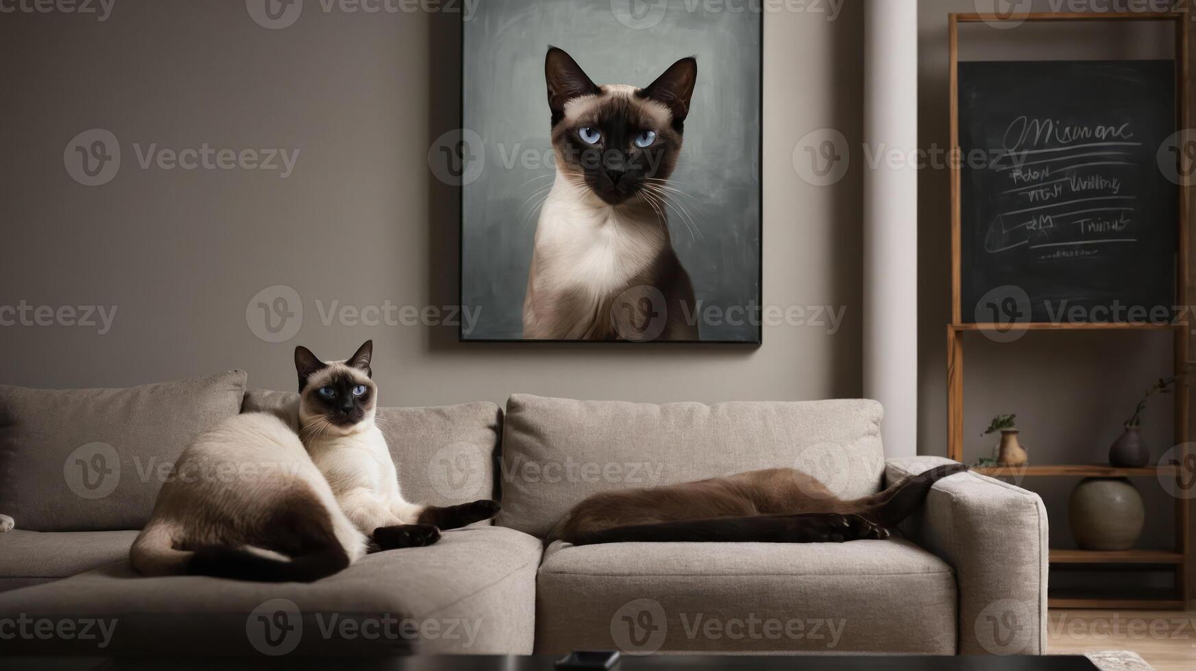 Two Siamese cats lounging on a sofa, with a cat portrait hanging on the wall. photo