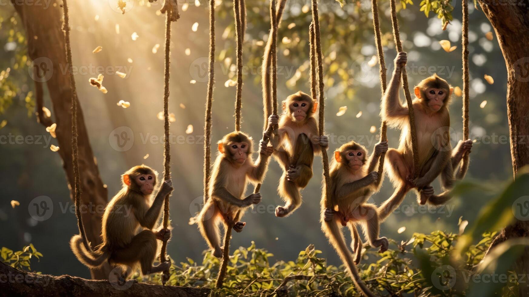 Five monkeys playfully swinging on ropes in a sunlit forest. photo