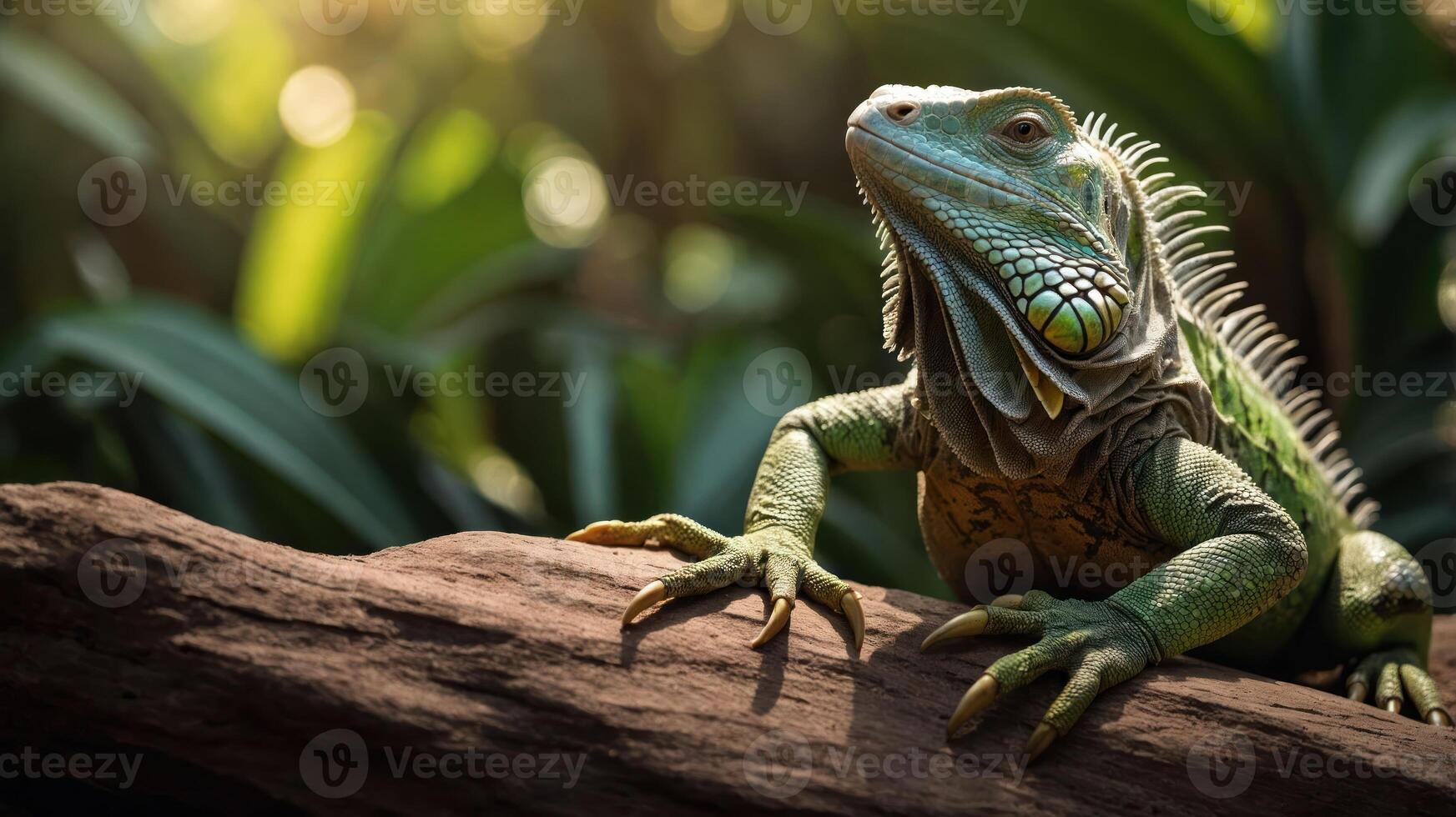 A vibrant iguana perched on a log, surrounded by lush greenery and soft sunlight. photo