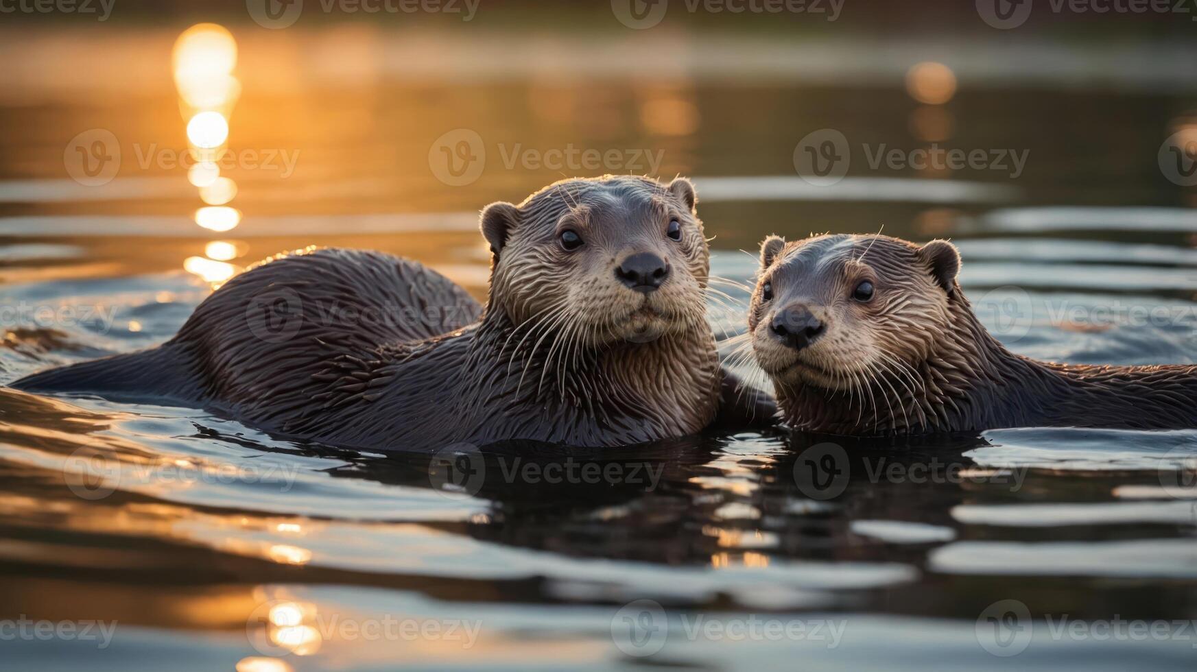 Two otters swimming together in a serene water setting during sunset. photo