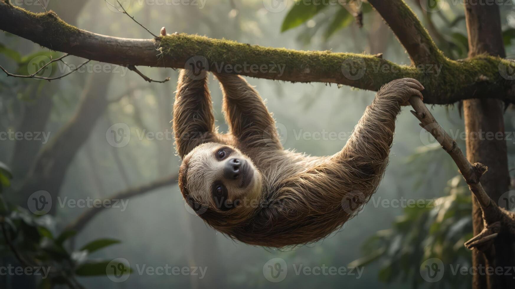 A sloth hanging from a tree branch in a lush, misty forest. photo