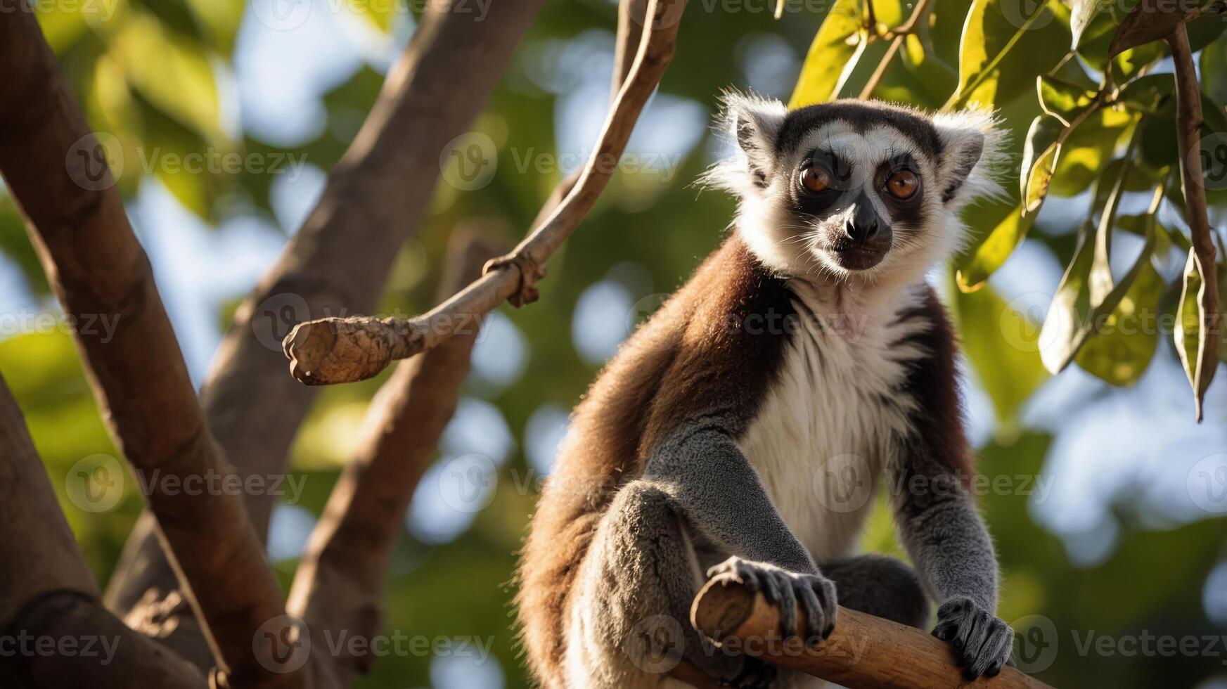 A lemur perched on a branch, surrounded by green foliage, showcasing its expressive eyes. photo