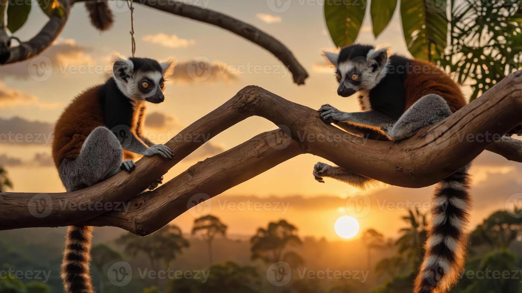 Two lemurs perched on branches during a sunset in a lush environment. photo