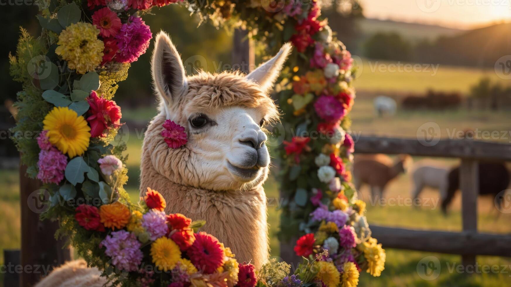 A decorated llama surrounded by a floral wreath in a scenic countryside setting. photo