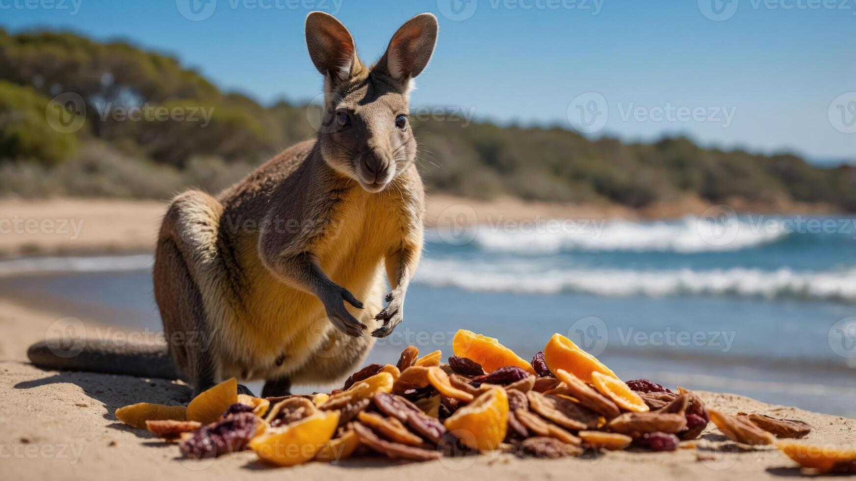 A kangaroo on a beach with dried fruits scattered in front of it. photo