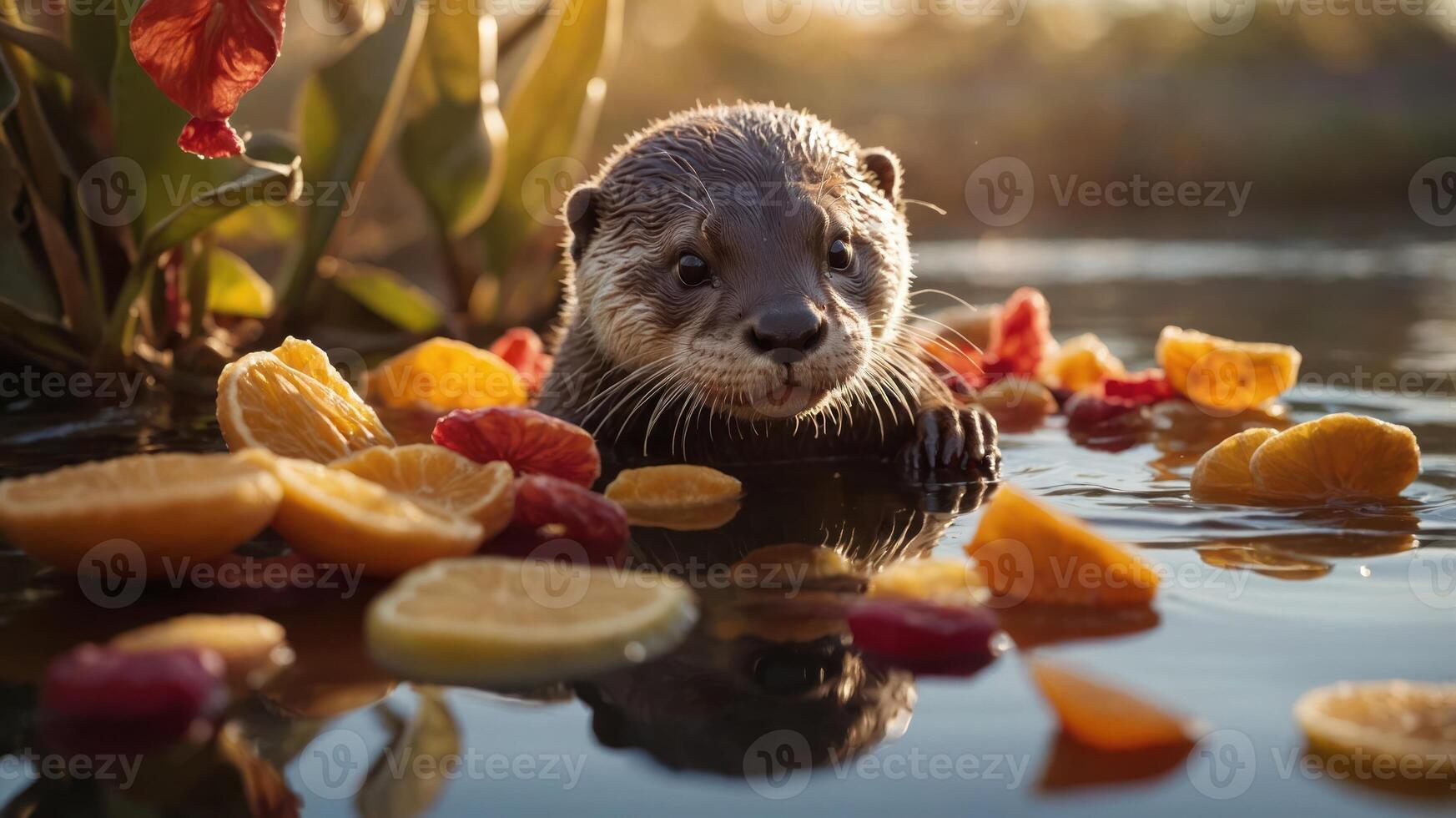 A playful otter surrounded by colorful fruits in a serene water setting. photo