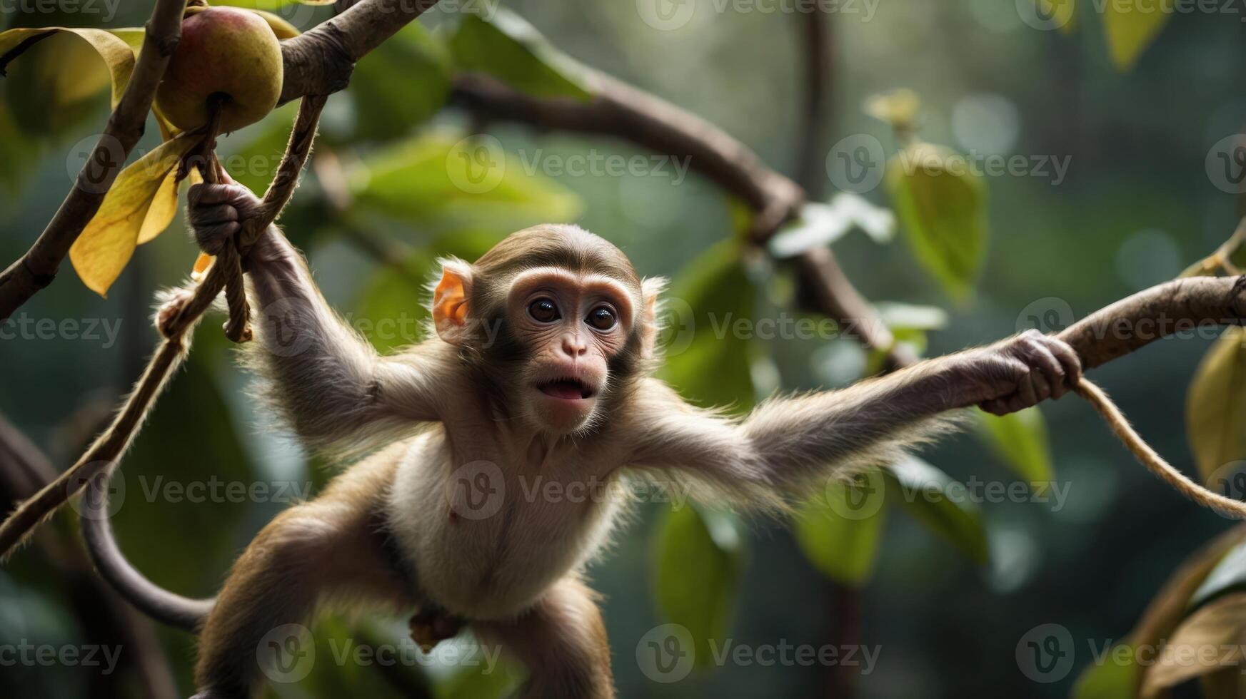 A young monkey hanging from a branch in a lush, green environment. photo