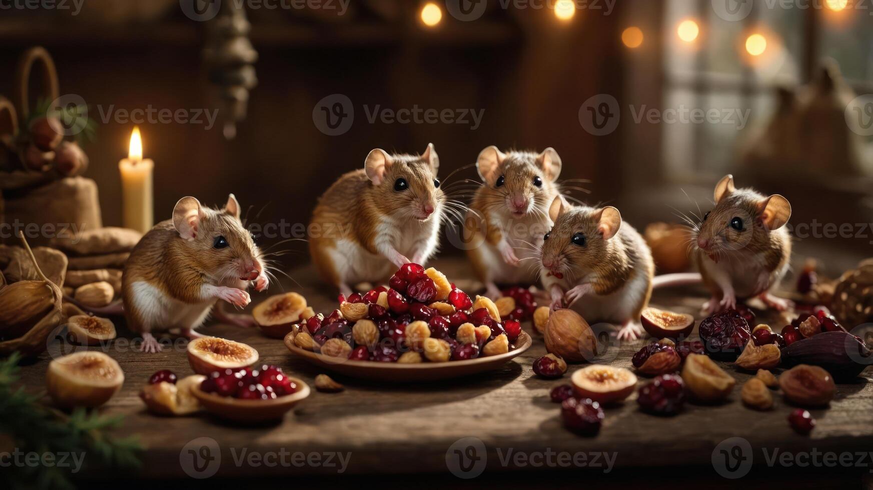 A group of hamsters enjoying a feast of nuts and berries on a rustic wooden table. photo