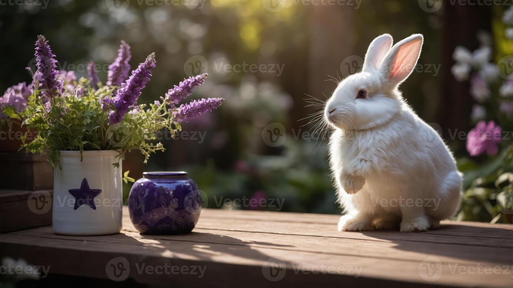 A serene scene featuring a white rabbit beside potted flowers in a garden setting. photo