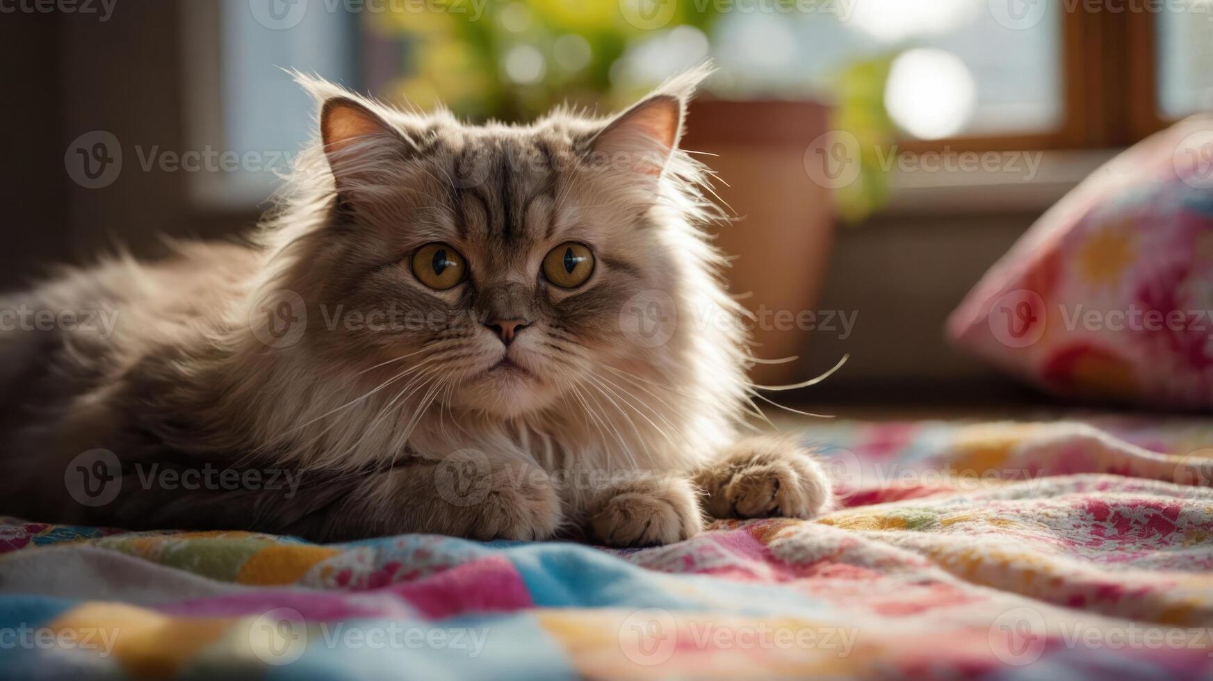 A fluffy cat resting on a colorful blanket in a sunlit room. photo