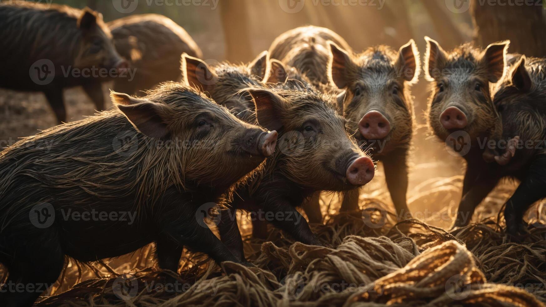 A group of wild pigs gathered in a sunlit, rustic setting among straw. photo