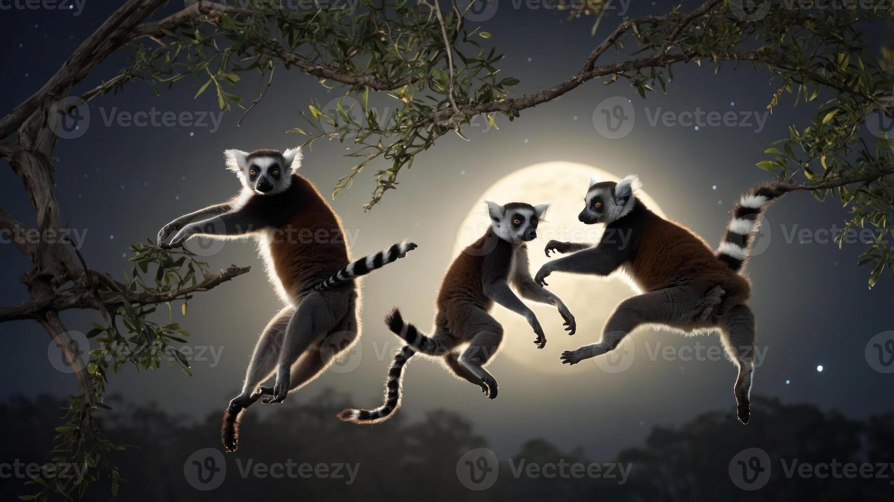 Three lemurs leaping through trees under a full moon, showcasing their playful nature. photo