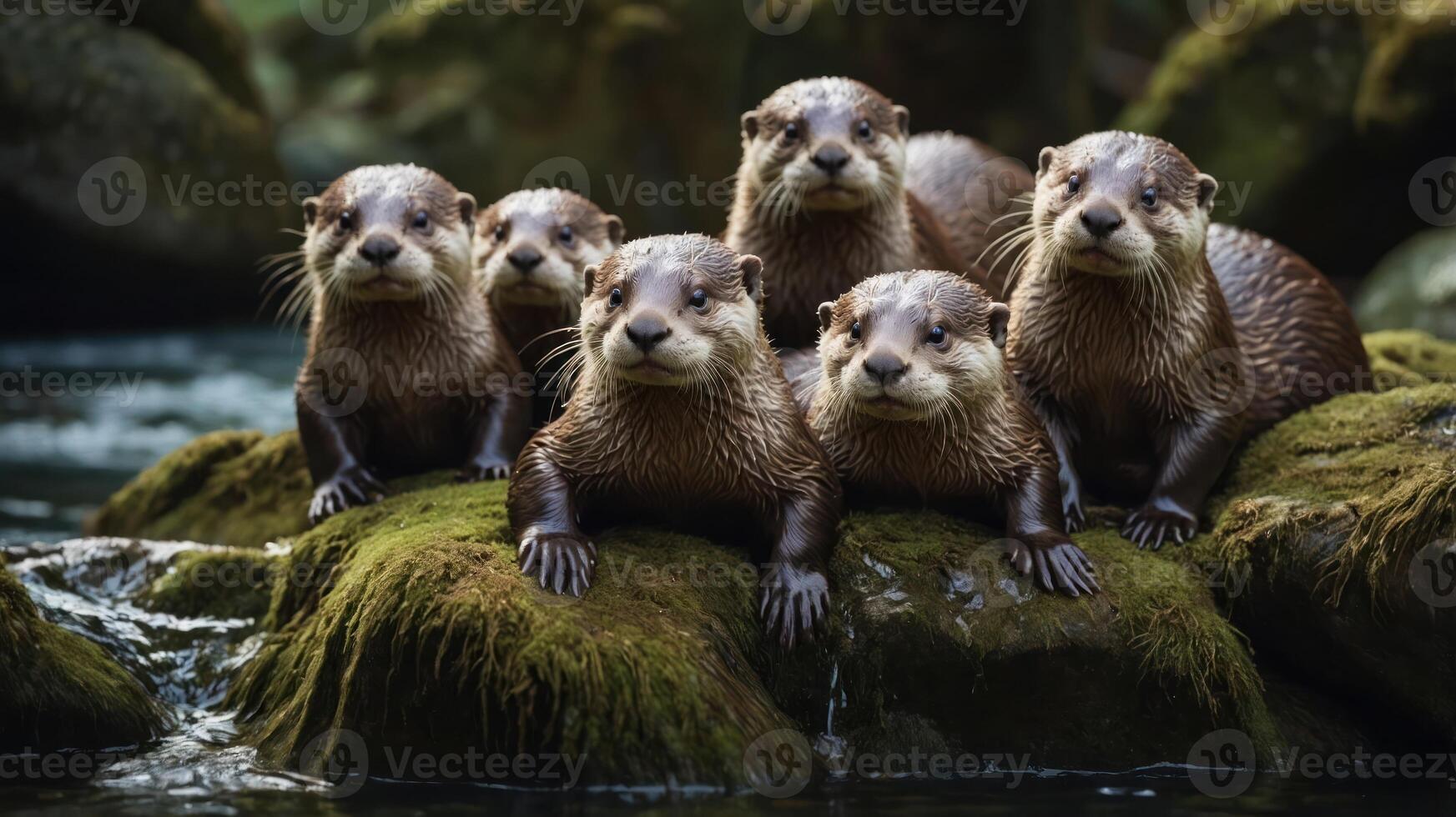 A playful group of otters gathered on mossy rocks by a serene water body. photo