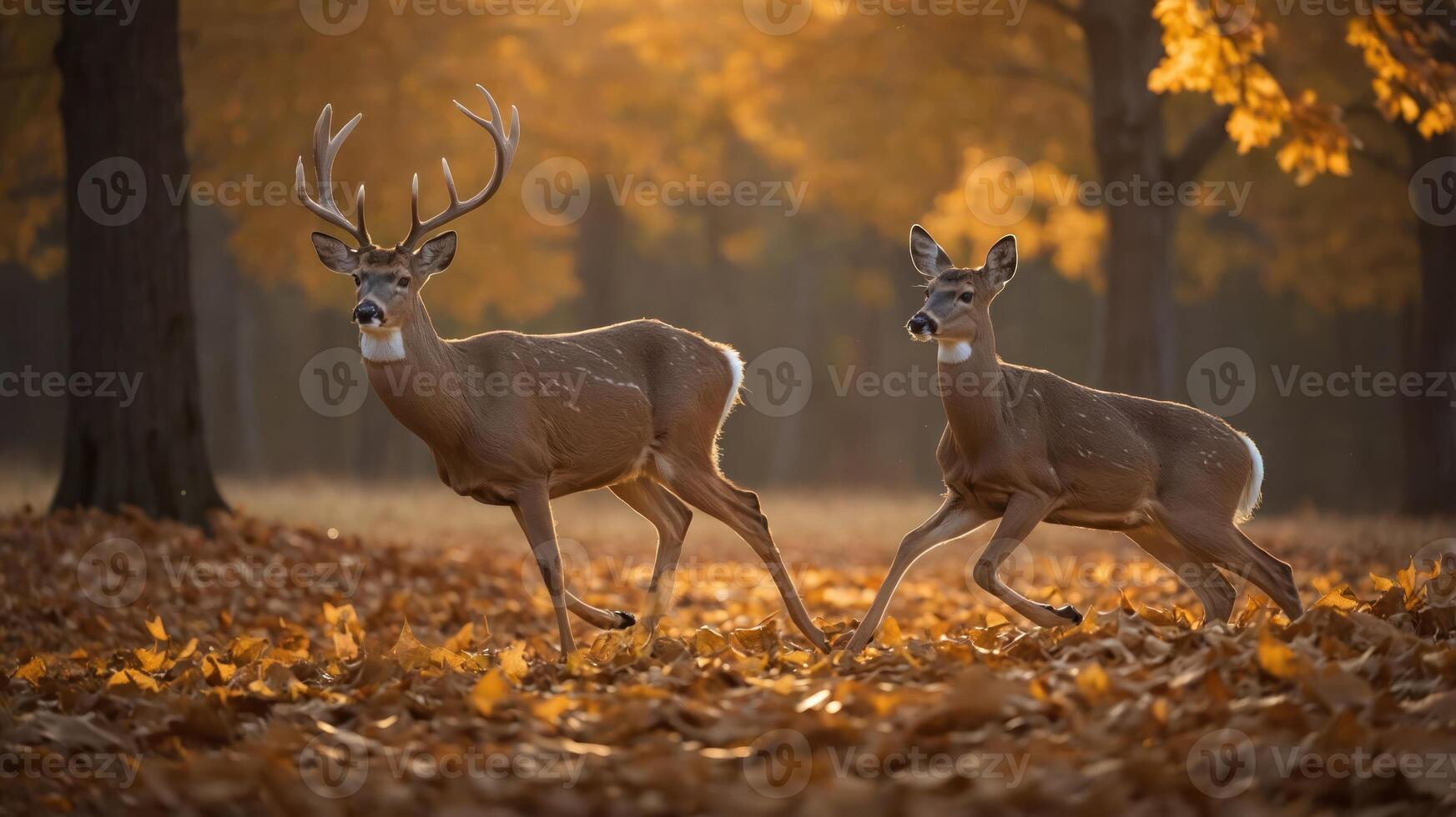 Two deer in a sunlit forest, surrounded by autumn leaves. photo