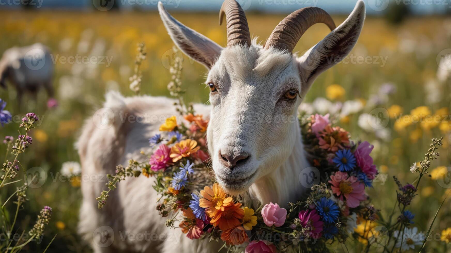 A goat adorned with a floral wreath stands in a vibrant wildflower field. photo