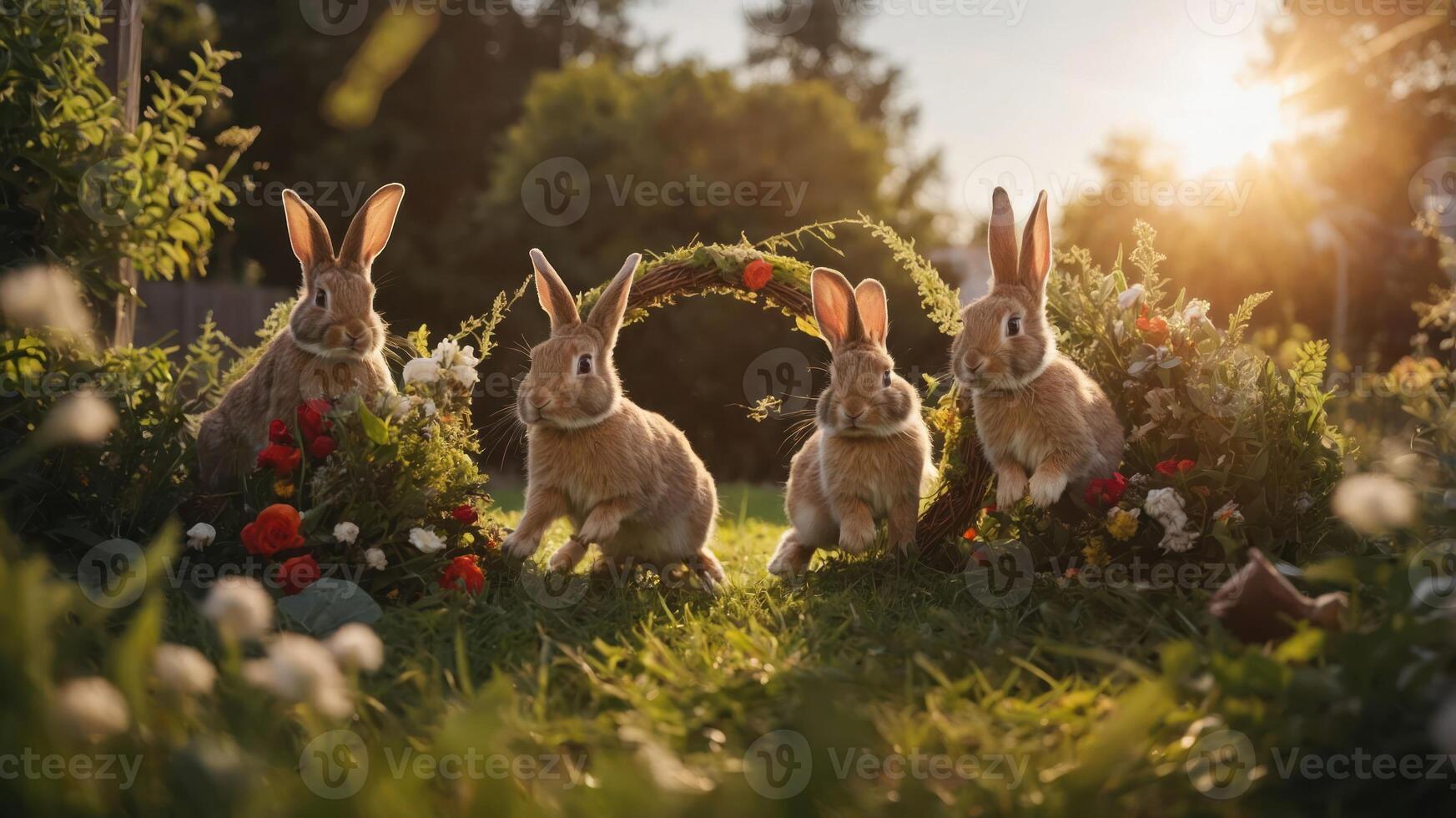 Four rabbits surrounded by flowers in a sunny garden setting. photo