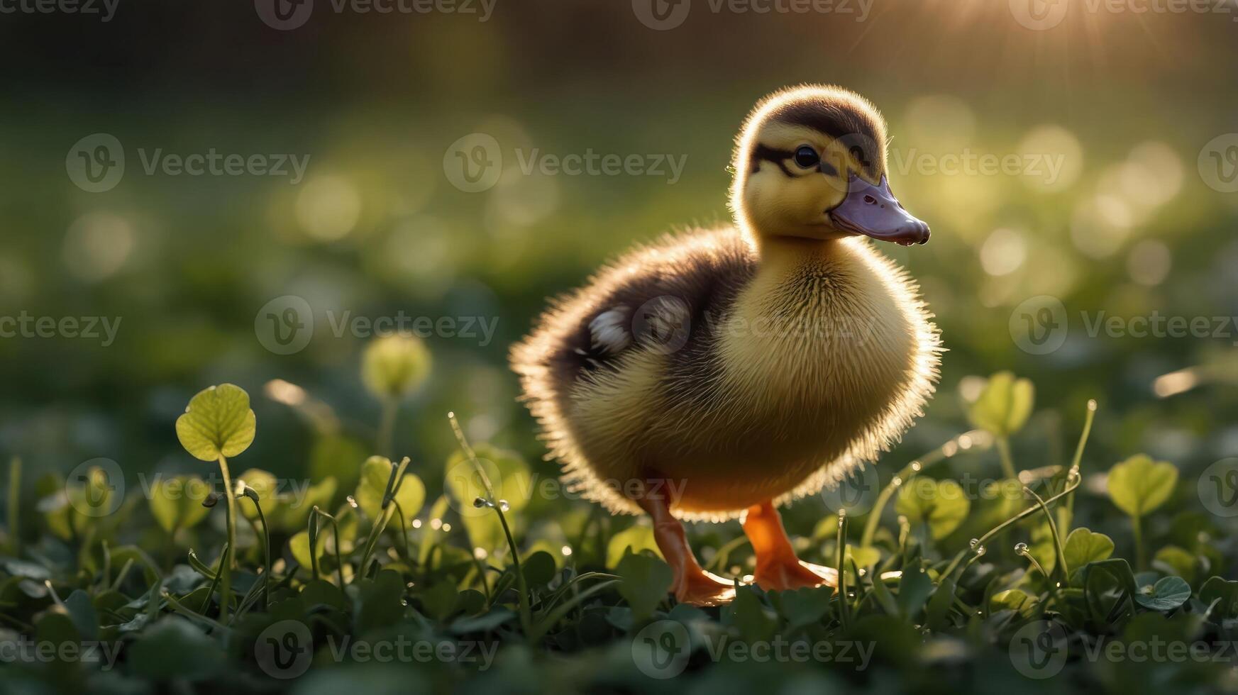 A cute duckling standing on green grass, illuminated by soft sunlight. photo