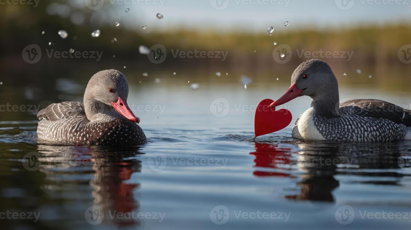 Two ducks in a serene water setting, playfully interacting with a heart symbol. photo