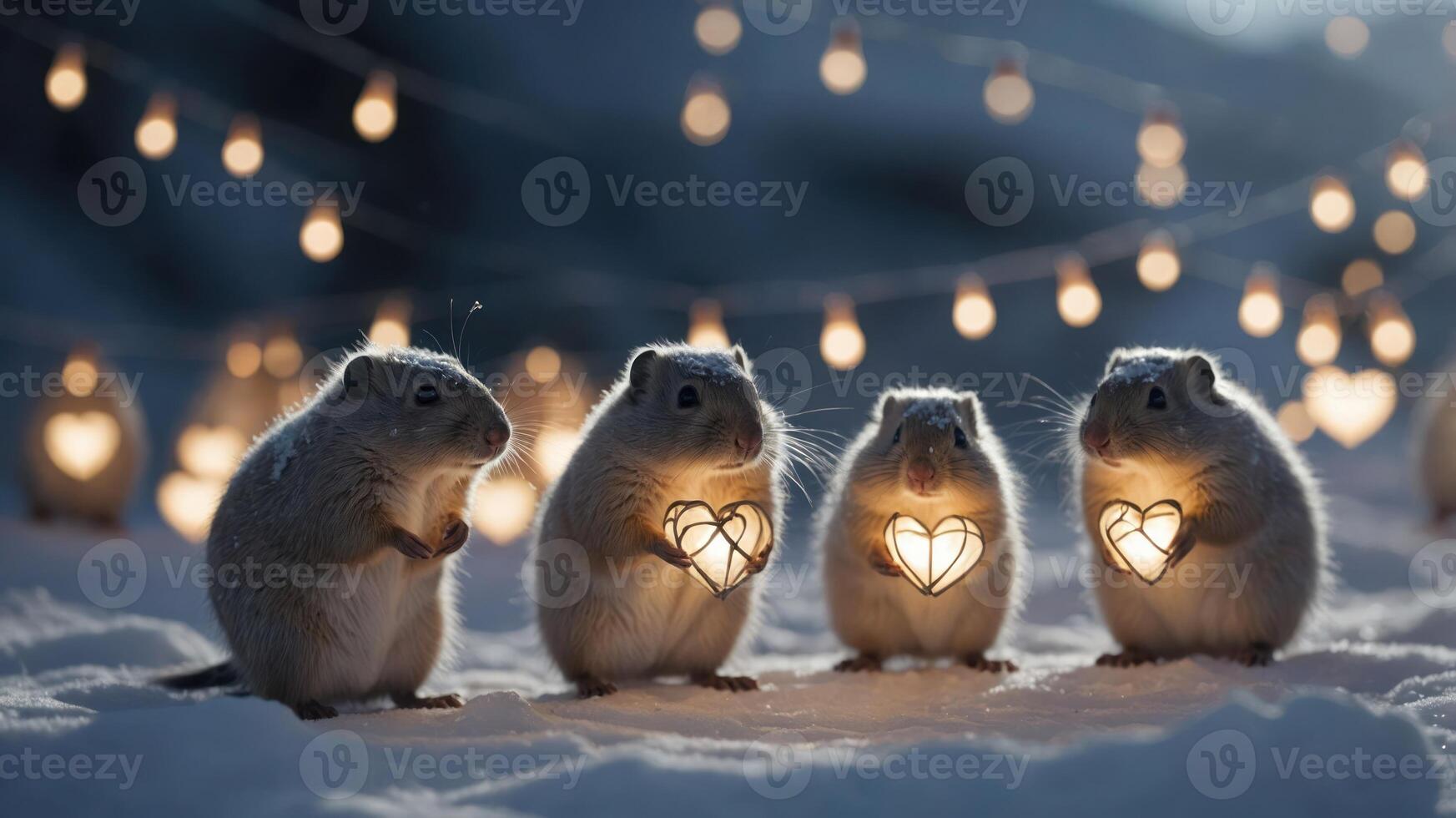 Four small animals holding heart-shaped lights in a snowy setting with decorative lights. photo