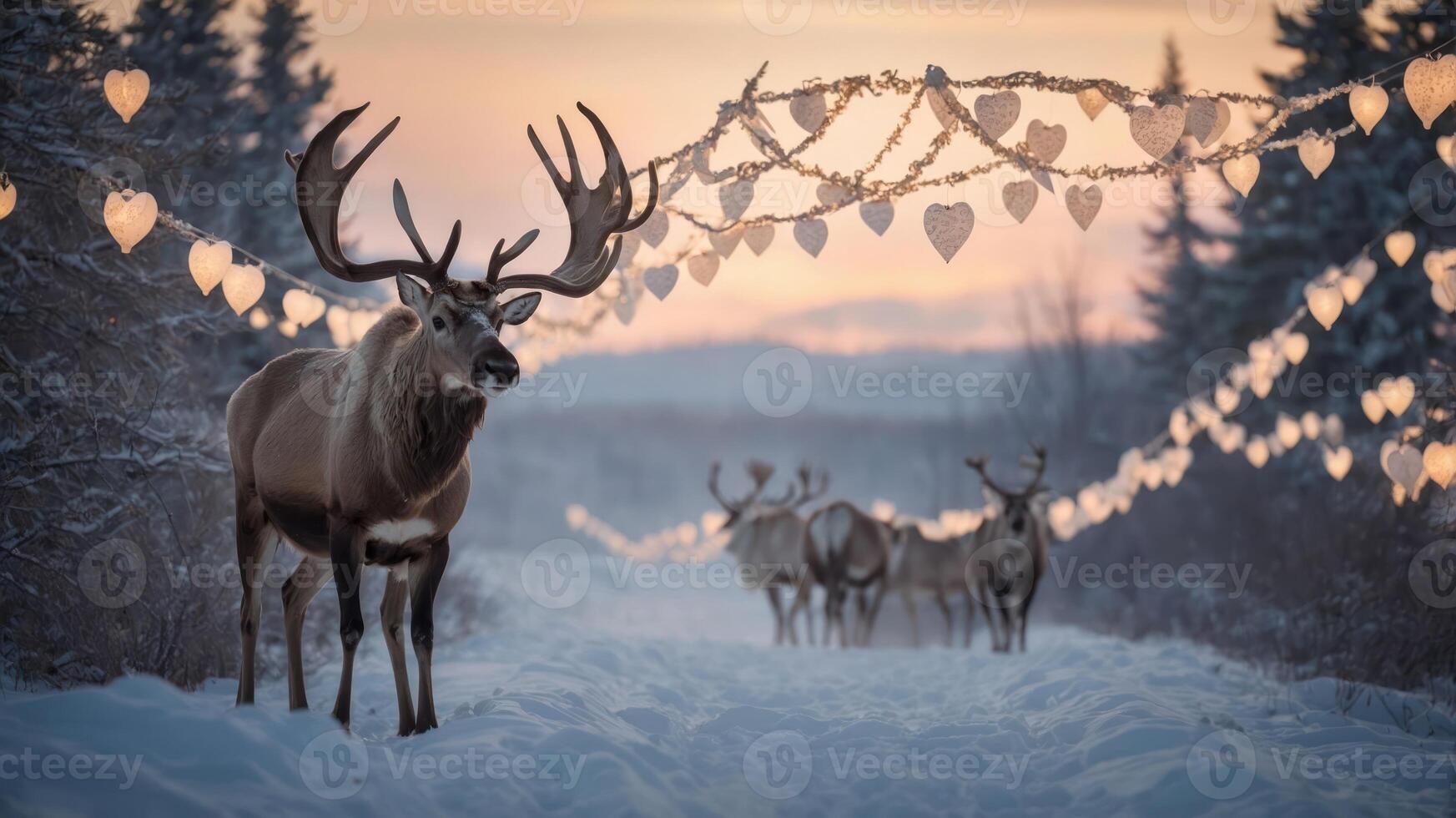A serene winter scene featuring reindeer and heart-shaped lights in a snowy landscape. photo