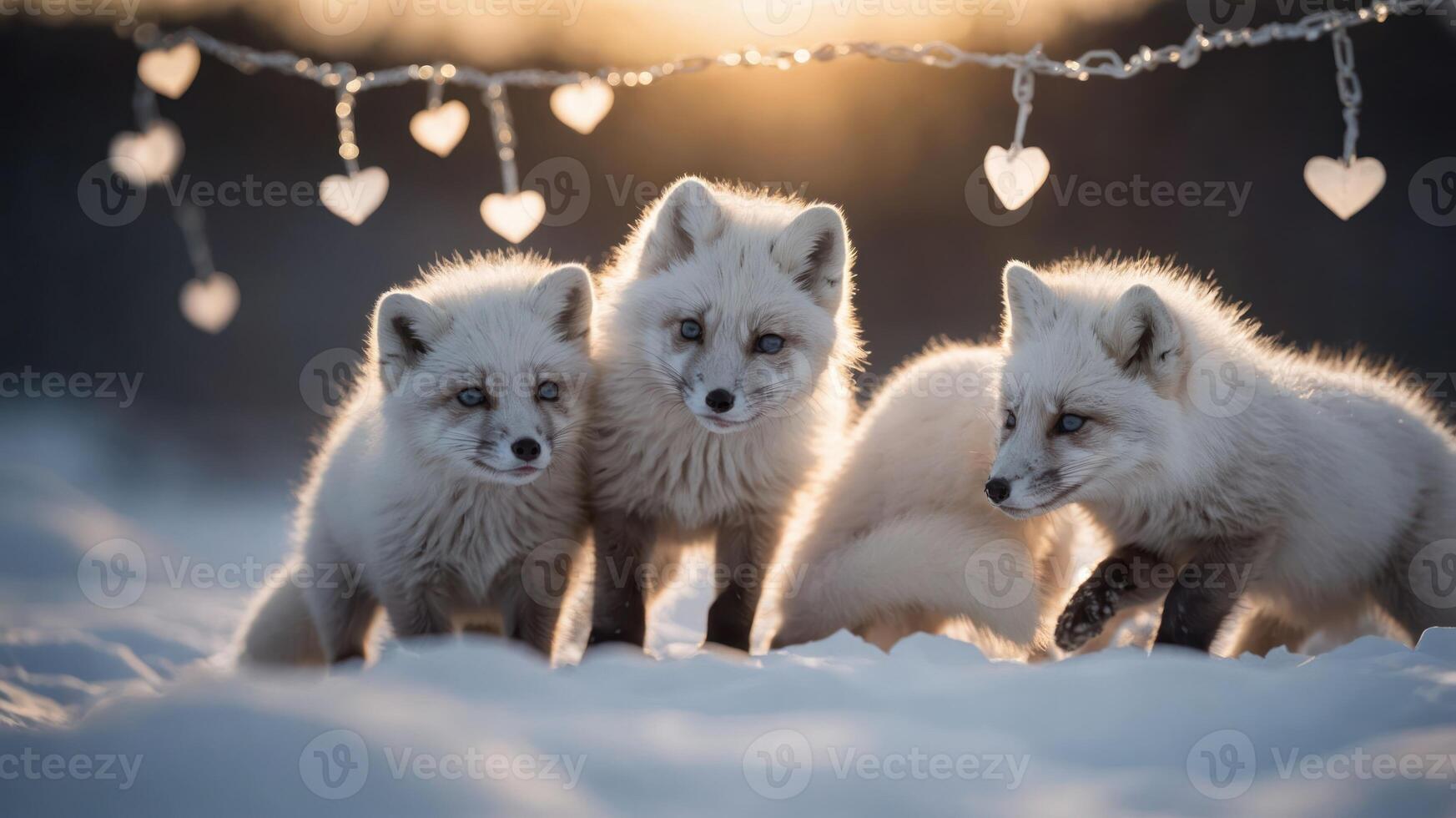 Three playful arctic foxes in a snowy landscape with heart-shaped decorations. photo