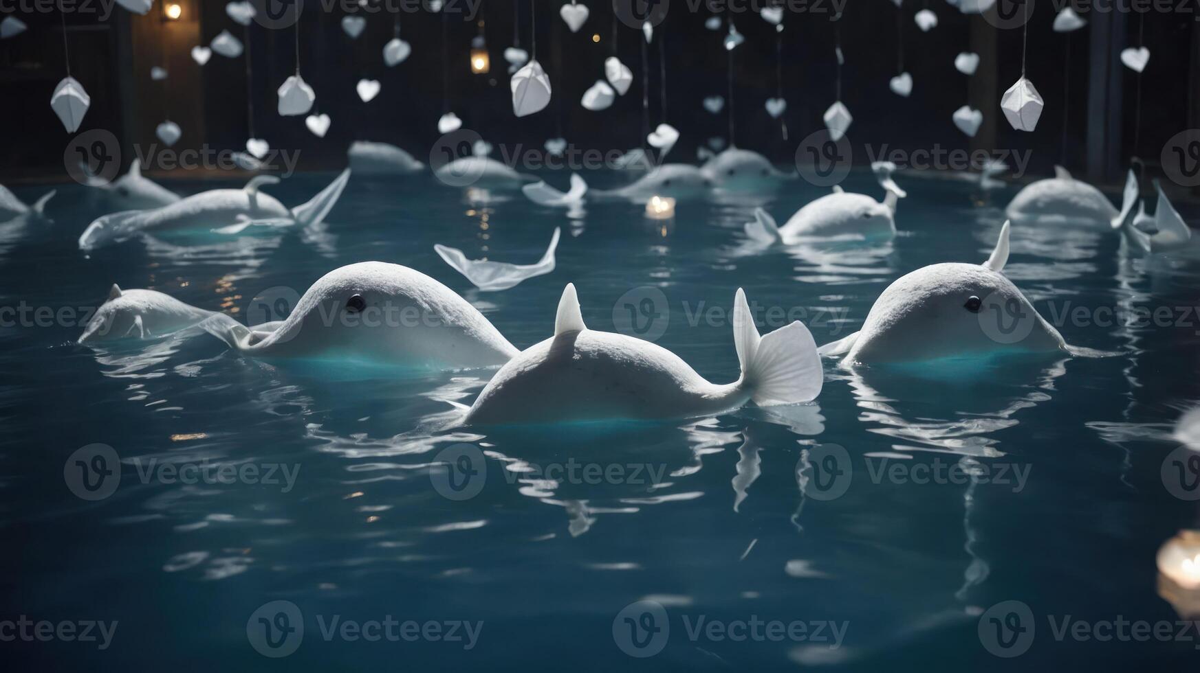 A serene scene of white whales swimming in a tranquil pool, surrounded by floating lanterns. photo