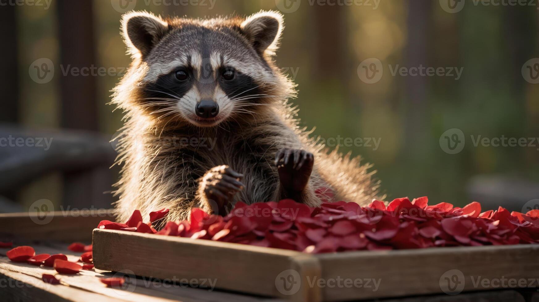 A raccoon playfully sits among red rose petals in a natural setting. photo