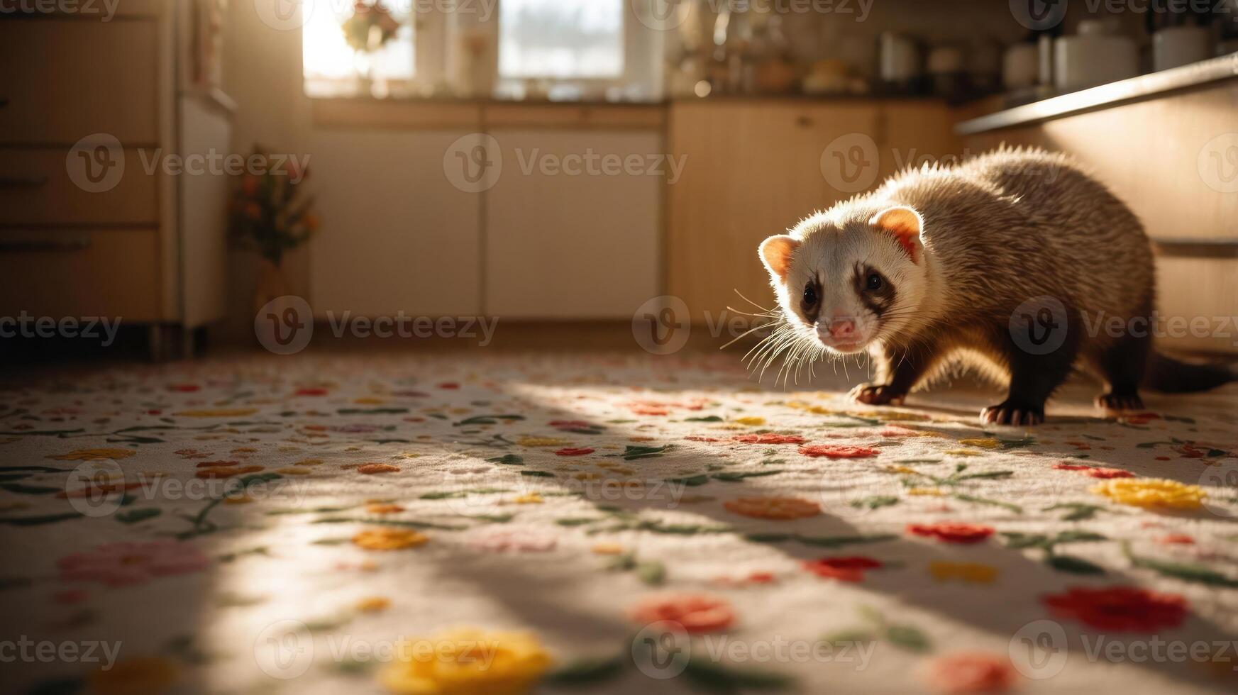 A ferret explores a sunlit kitchen, highlighting its playful nature on a floral rug. photo