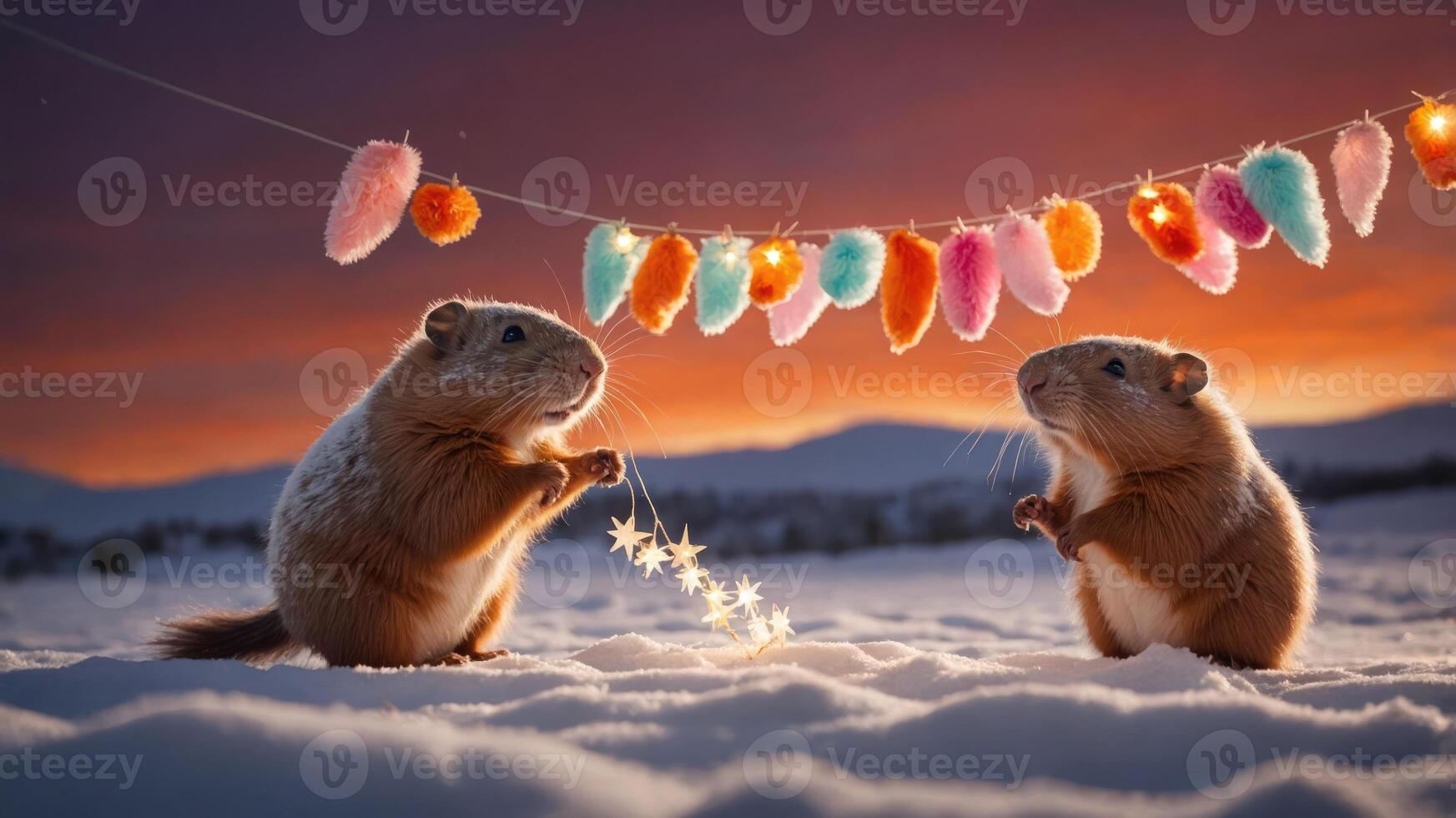 Two adorable animals play in the snow, surrounded by colorful decorations at sunset. photo