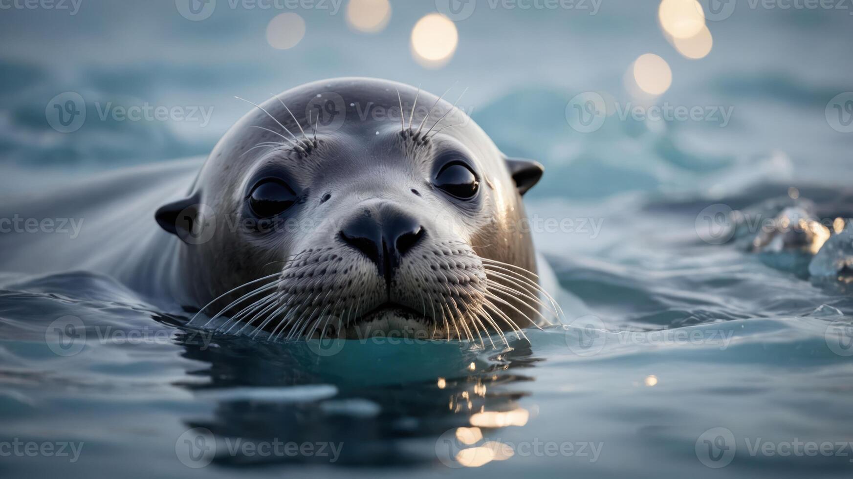 A close-up of a seal swimming in calm waters, showcasing its expressive features. photo