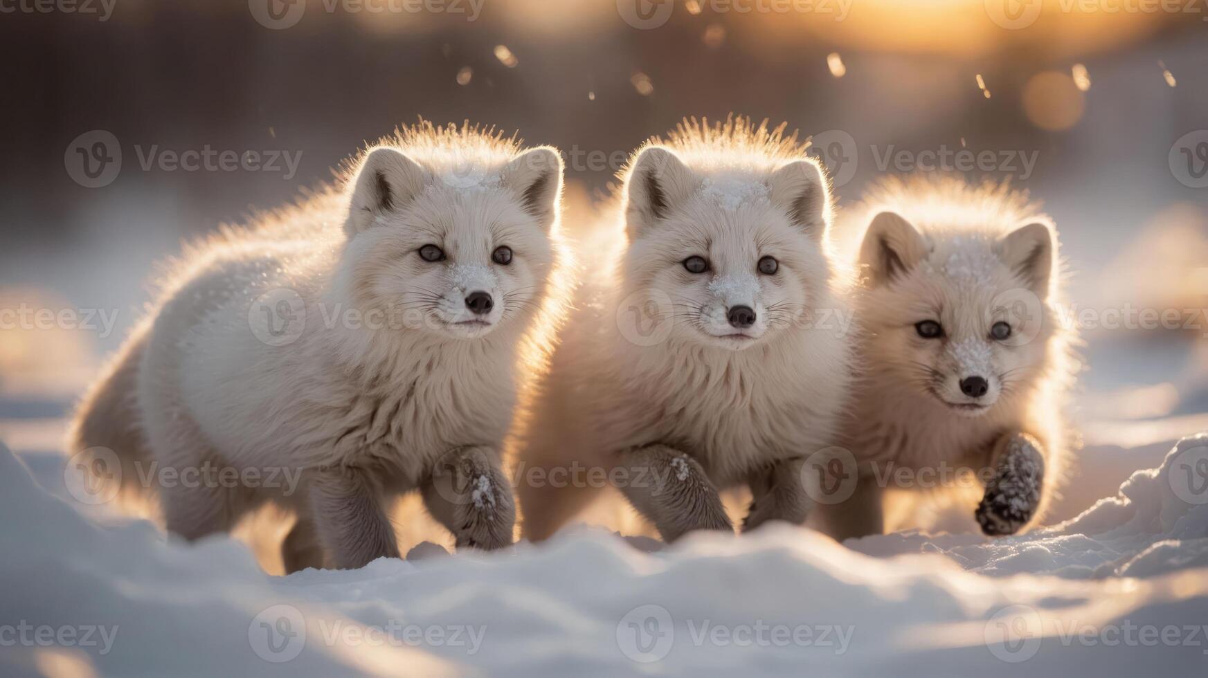 Three Arctic foxes playfully running through the snow at sunset. photo