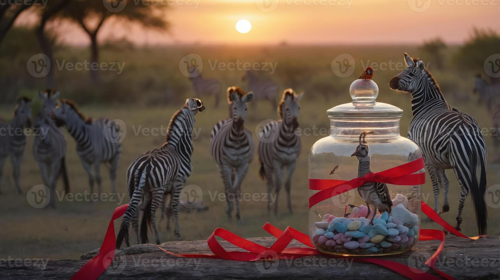 A whimsical scene featuring zebras with a jar of colorful candies at sunset. photo