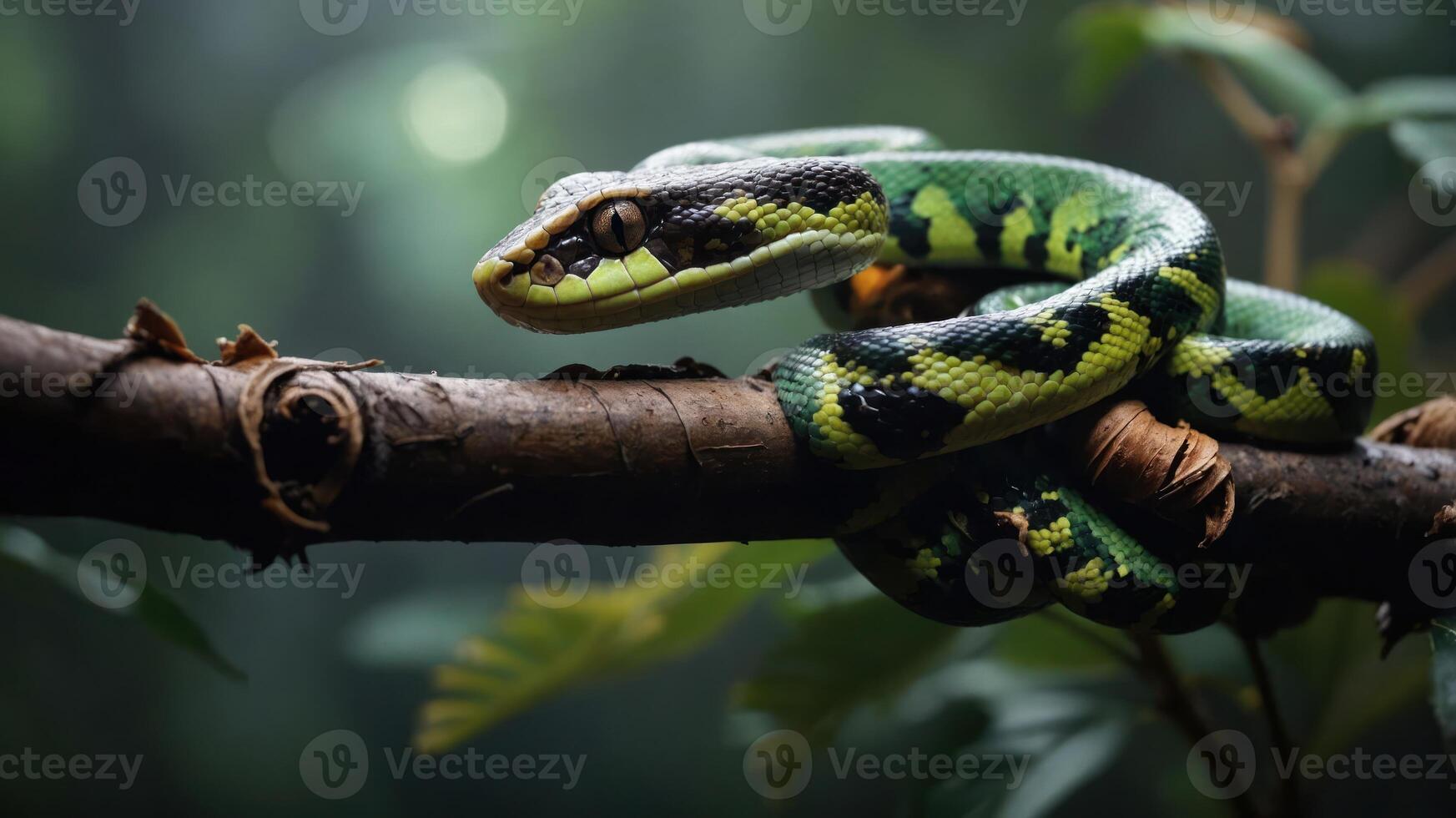A vibrant green snake resting on a branch in a lush forest setting. photo