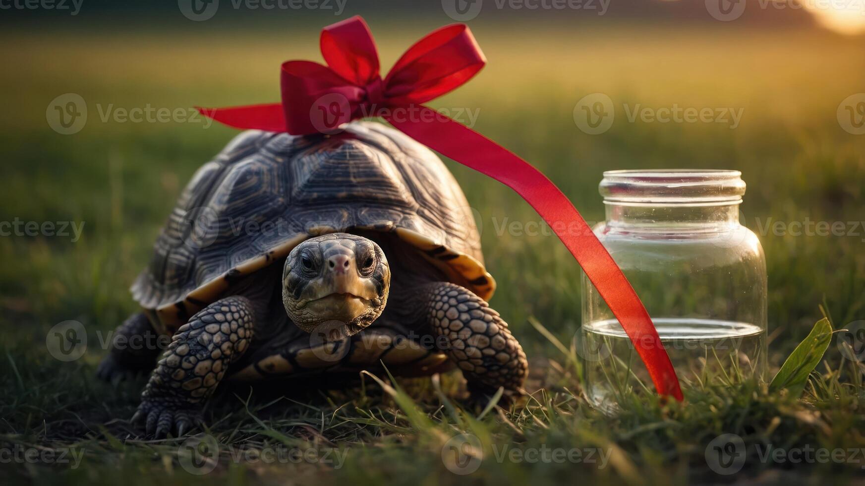 A turtle adorned with a red bow sits beside a glass jar on the grass. photo