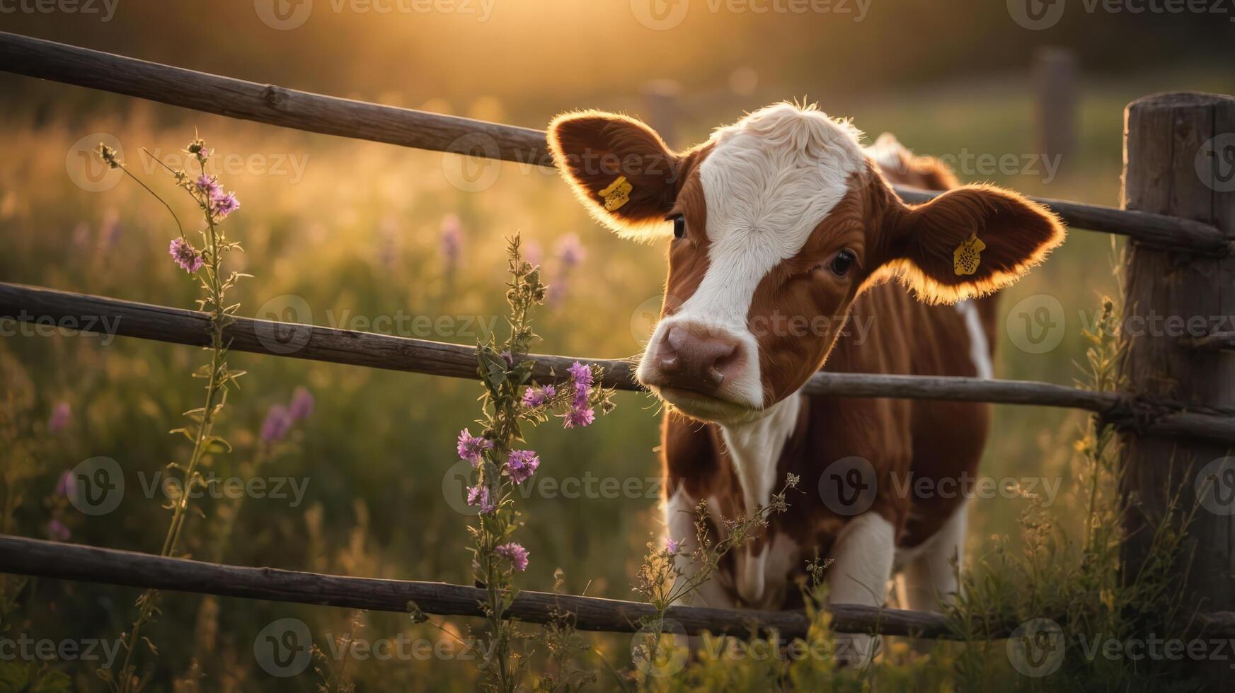 A curious calf peeks through a wooden fence in a sunlit meadow adorned with wildflowers. photo