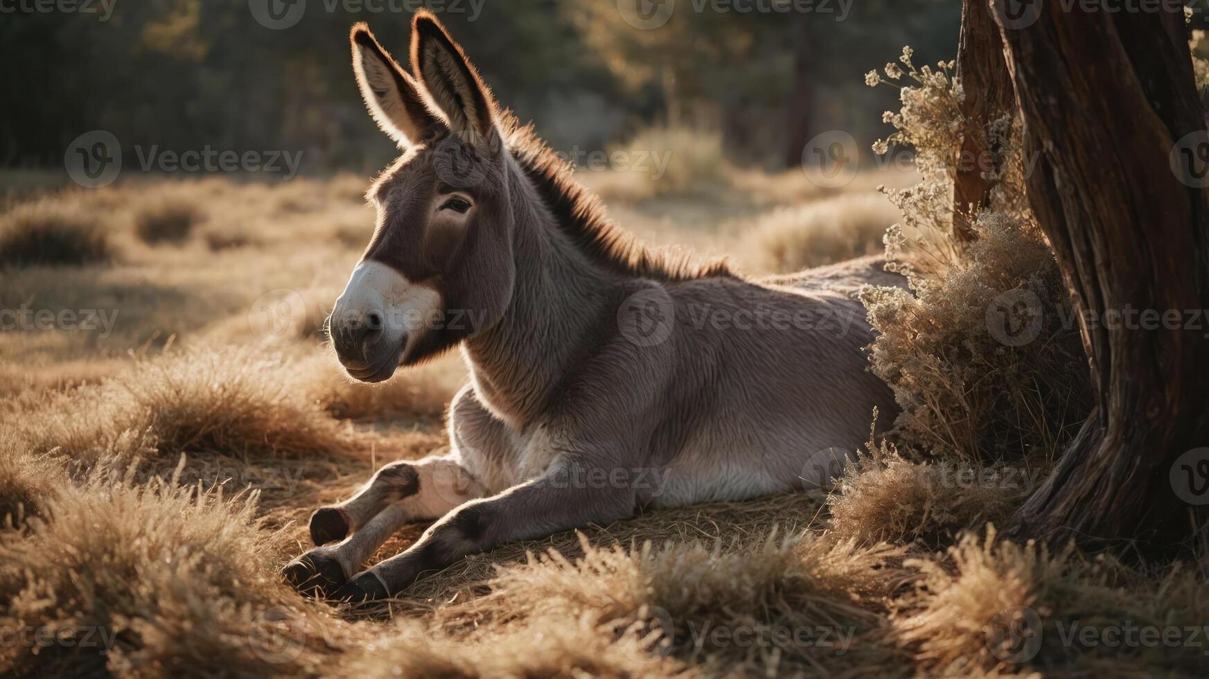 A serene donkey resting in a sunlit field surrounded by dry grass. photo
