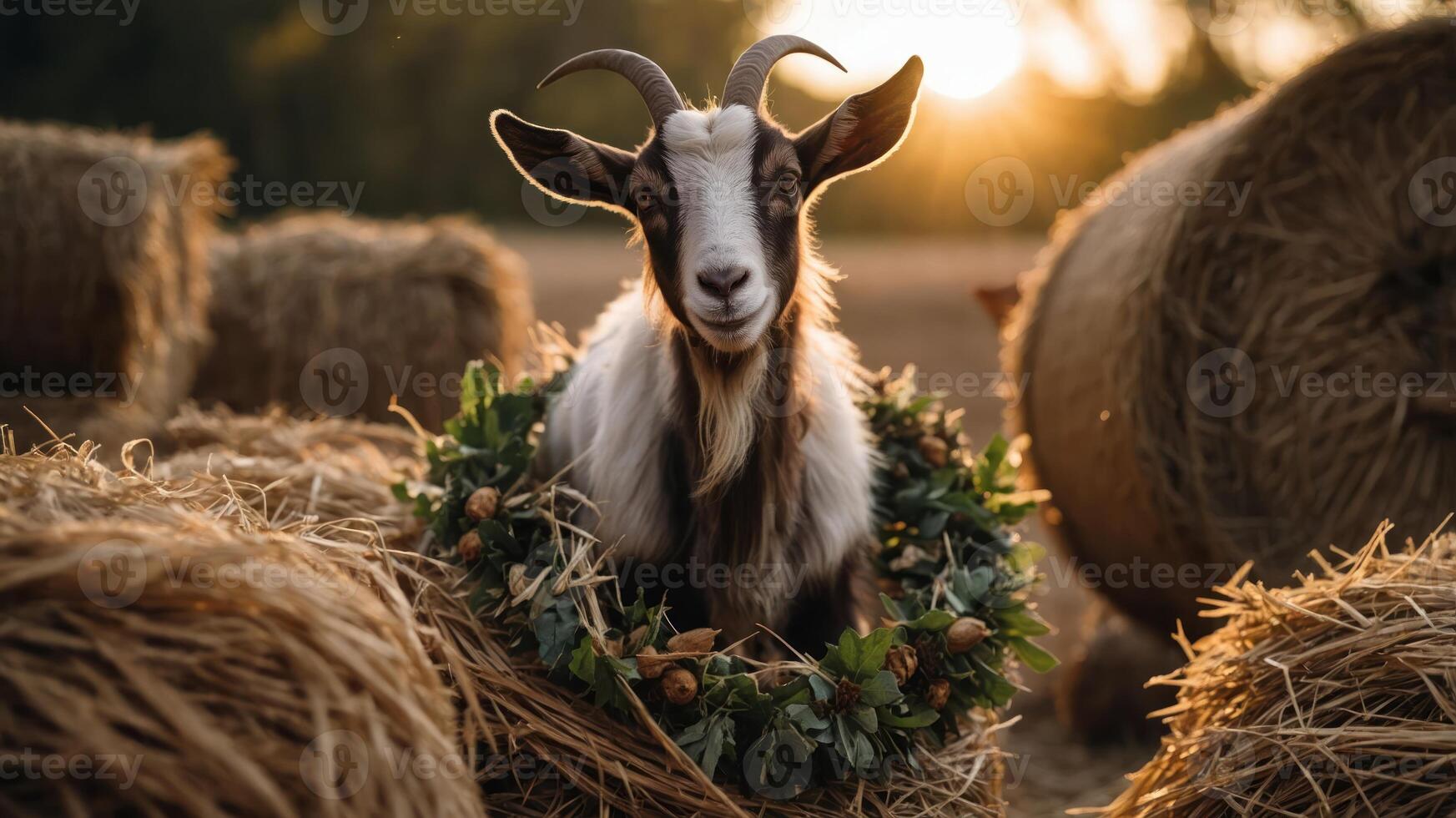 A goat surrounded by hay bales, adorned with a wreath, basking in warm sunset light. photo