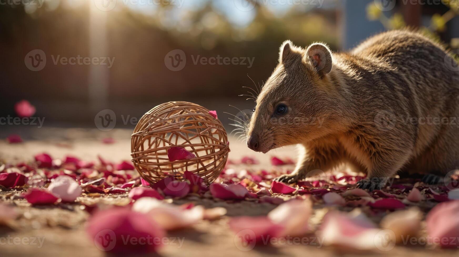 A cute animal explores a woven ball amidst scattered rose petals in a serene setting. photo